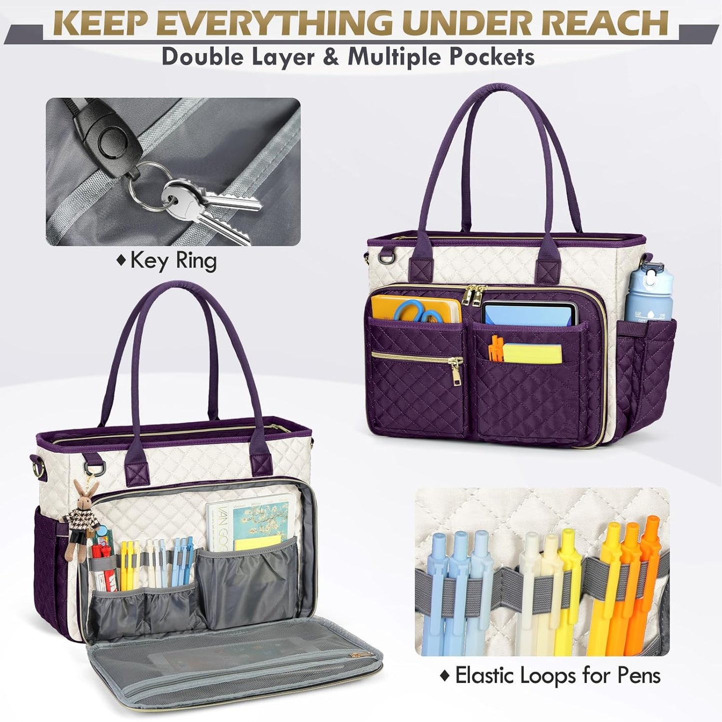 RAINSMORE Teacher Tote Bag 15.6 inch Laptop Bag for Women Work Bags Laptop Tote Nurse Bag Professional Computer Messenger with Insulated Pocket, Laptop Briefcase for Office, College, Purple-white