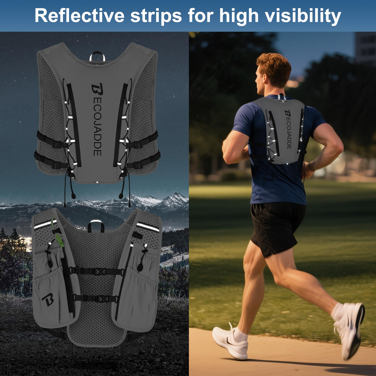 BECOJADDE Running Vest Hydration Backpack with Two 500ML Soft Water Bottles for Men Women, 5L