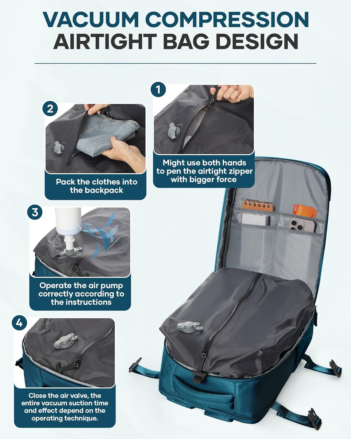 Vacuum Backpack Travel with Pump,Travel Backpack with Vacuum System, Shoe Compartment,United Airlines Personal Item Bag 17x10x9,Mochila compresion al vacio,Peacock Blue
