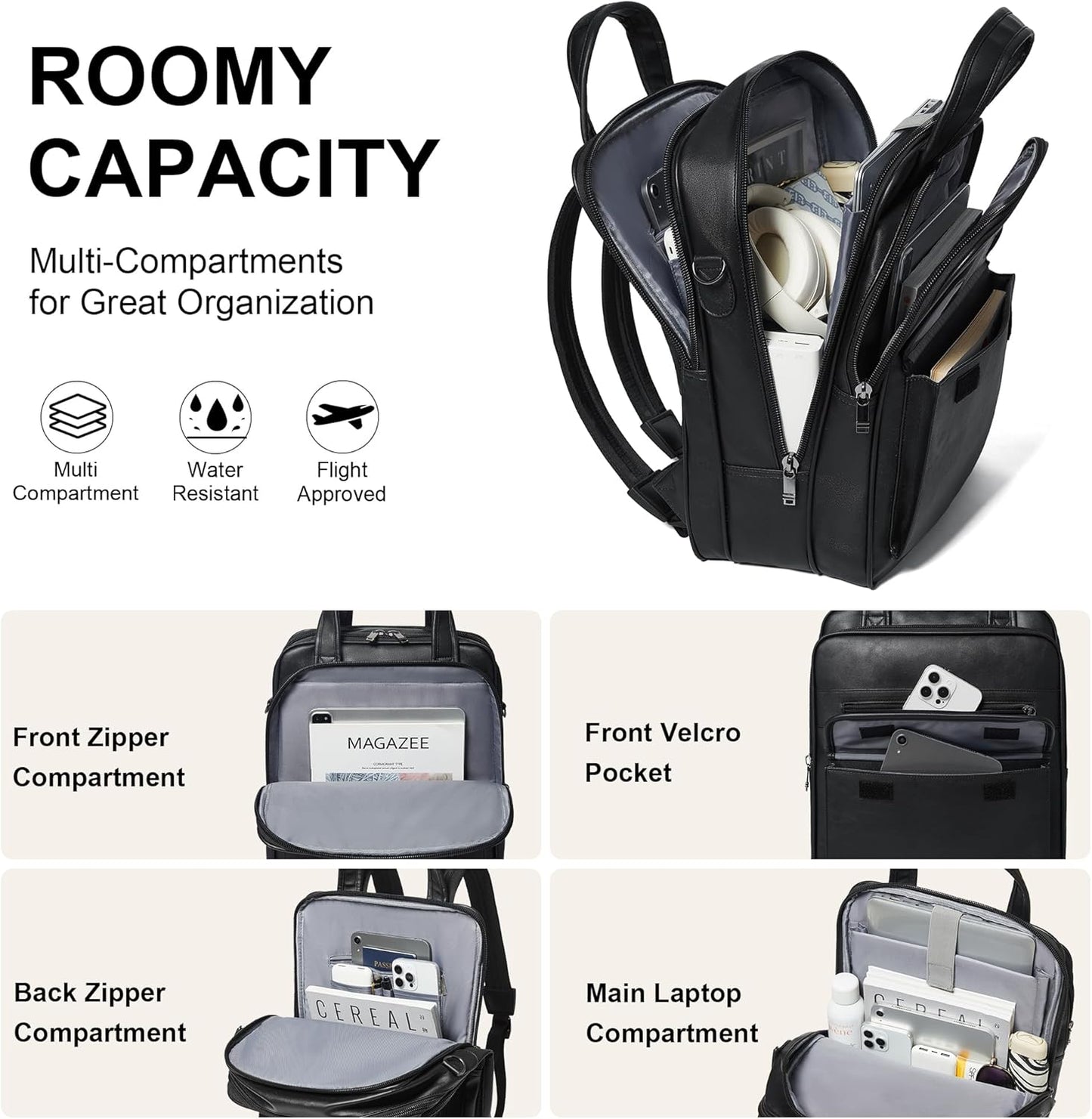 Shrrie Laptop Backpack for Women and Men, 15.6 Inch Vegan Leather Computer Backpack Professional Water-Resistant Casual Daypack for Work Business College Travel Office,Two-toned Black
