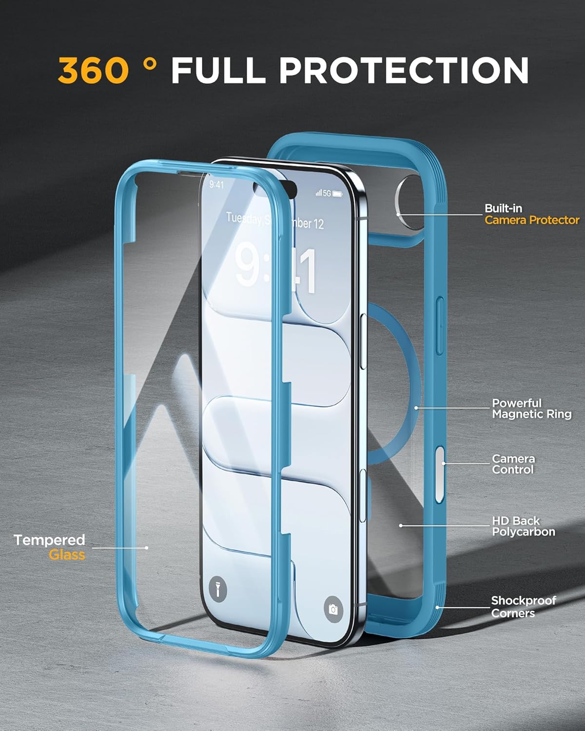 Miracase Magnetic for iPhone Air Case 6.5" [Compatible with MagSafe] Full-Body Phone Case with Built-in Glass Screen Protector & Camera Control,Drop Proof iPhone 17 Air Case Cover, Blue