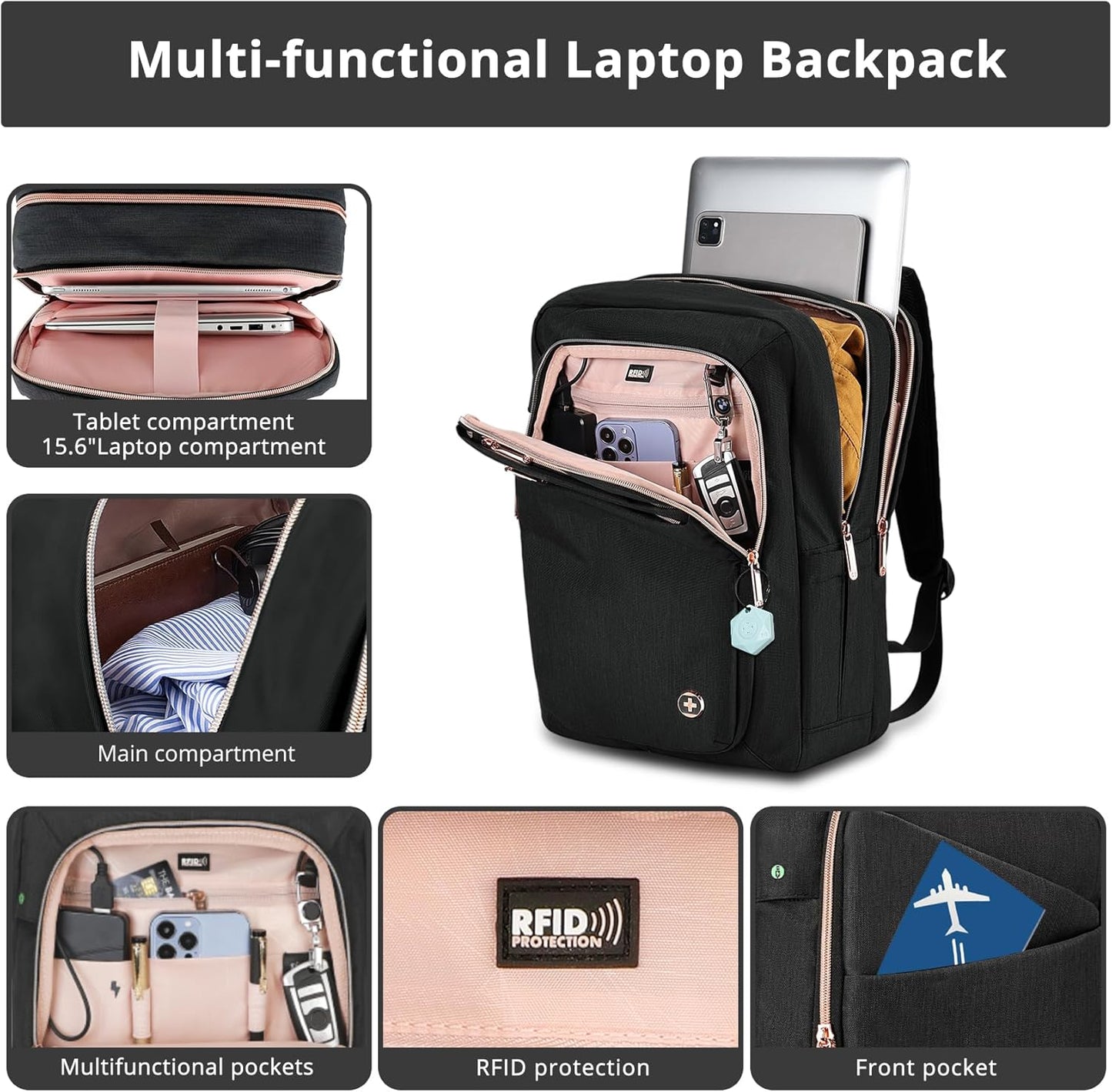 Swissdigital Design Business Backpack For Women with Rose Gold-Tone Zippers College Travel Laptop Backpack With Apple Find My Network,Fits 15.6 inch Laptop,Black | KATY ROSE