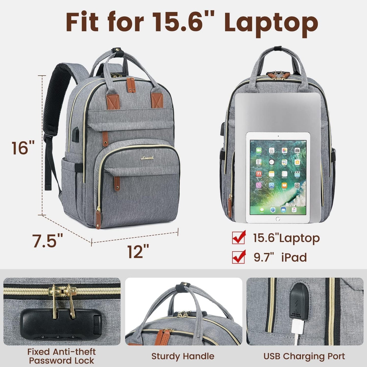 LOVEVOOK Laptop Backpack for Women & Men, Unisex Travel Anti-theft Work Bag, Business Computer College Backpacks Purse, Casual Hiking Outdoor Carry On Daypack with Lock, Fits 15.6 Inch Laptop, Grey