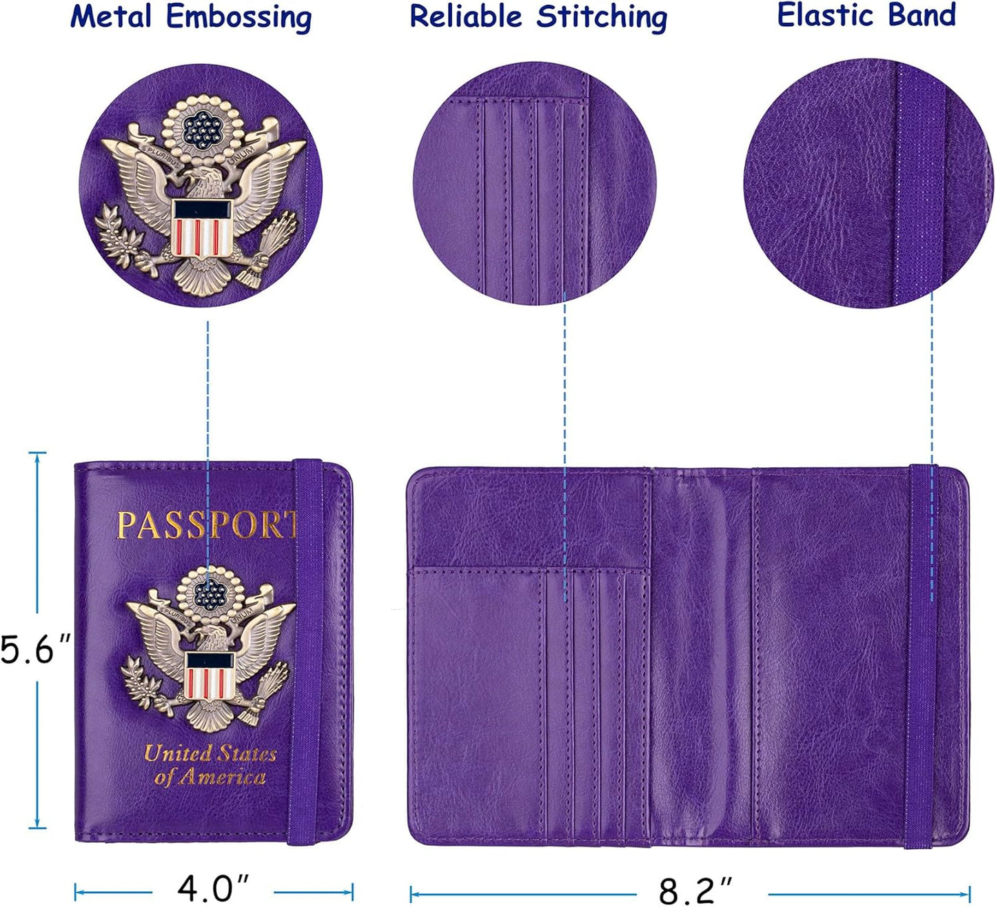 TOURSUIT RFID Blocking Passport Holder for Women Men, Leather Passport Travel Wallet with Metal 3D Metal Badge, Travel Document Holder Cover Accessories (Purple)