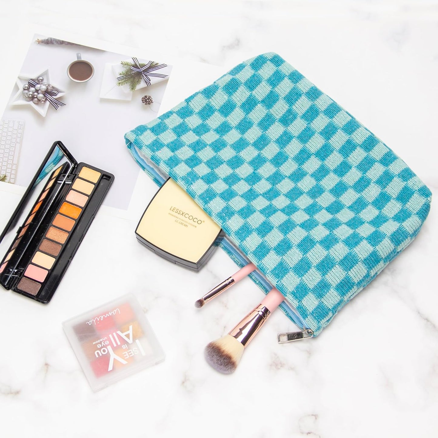 PAZIMIIK Knitted Checkered Makeup Bag Large Zipper Make Up Accessory Pouch for Purse Cosmetic Brush Bag for Travel Essential Lake Blue