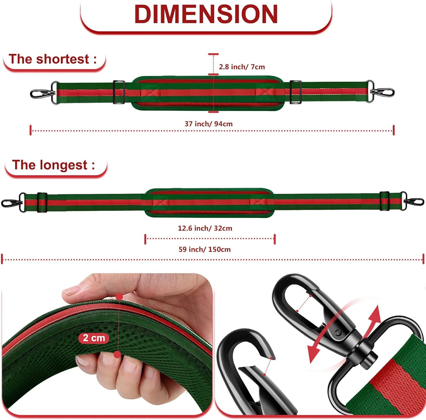 ZINZ Shoulder Strap - 59 Inch Universal Heavy-duty Adjustable Strap with Ultra-thick Fixed Breathable Pad for Laptop, Gym, Camera Bag and More - Stripe-RG