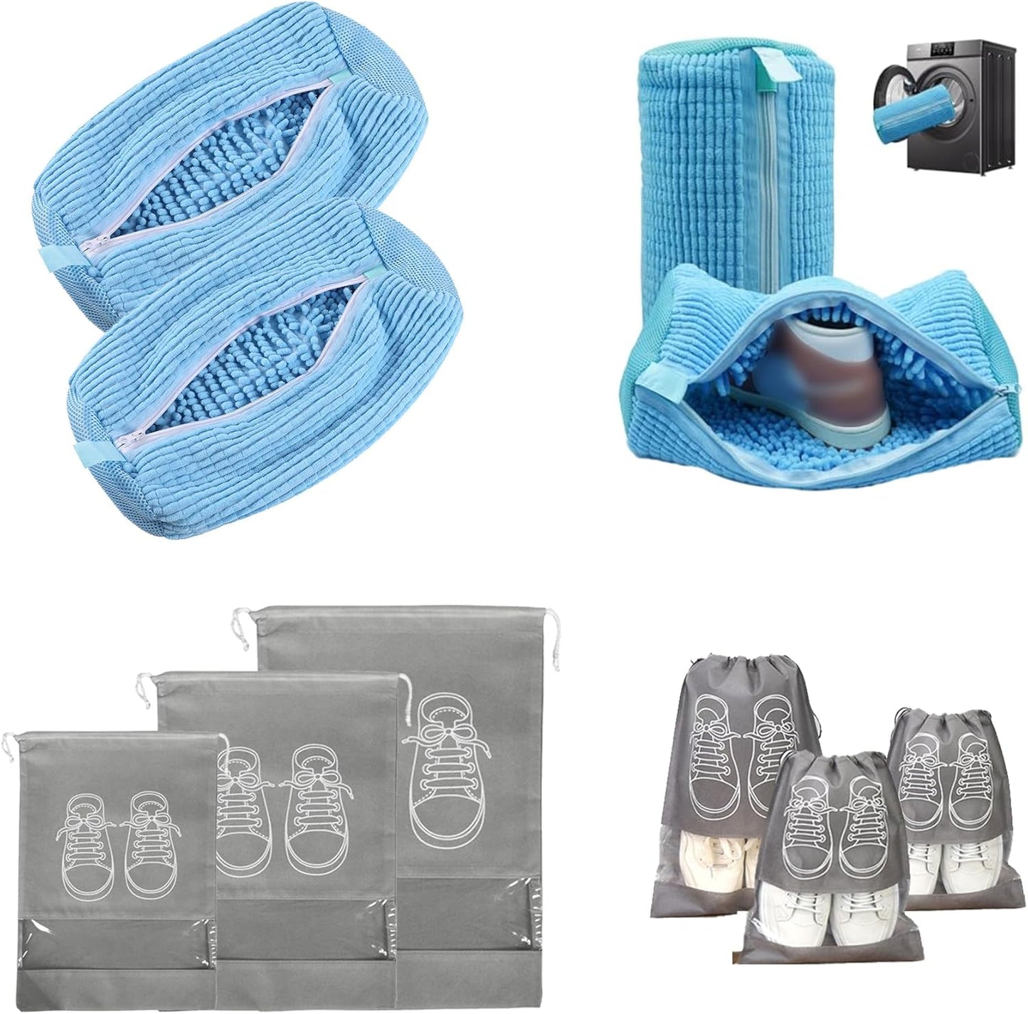 Shoe Washing Machine Bag, Shoe Laundry Bag for Washer and Dryer,360 Degrees Wrap-Around Cleaning,Reusable,Durable Zipper(2 PCS washing bag and 3 Pcs shoe bags(SML)) (Blue)