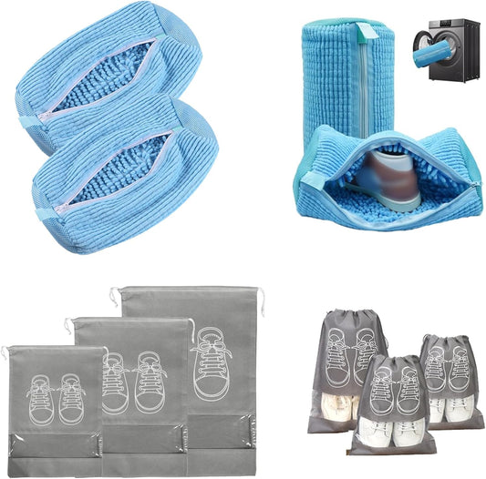 Shoe Washing Machine Bag, Shoe Laundry Bag for Washer and Dryer,360 Degrees Wrap-Around Cleaning,Reusable,Durable Zipper(2 PCS washing bag and 3 Pcs shoe bags(SML)) (Blue)