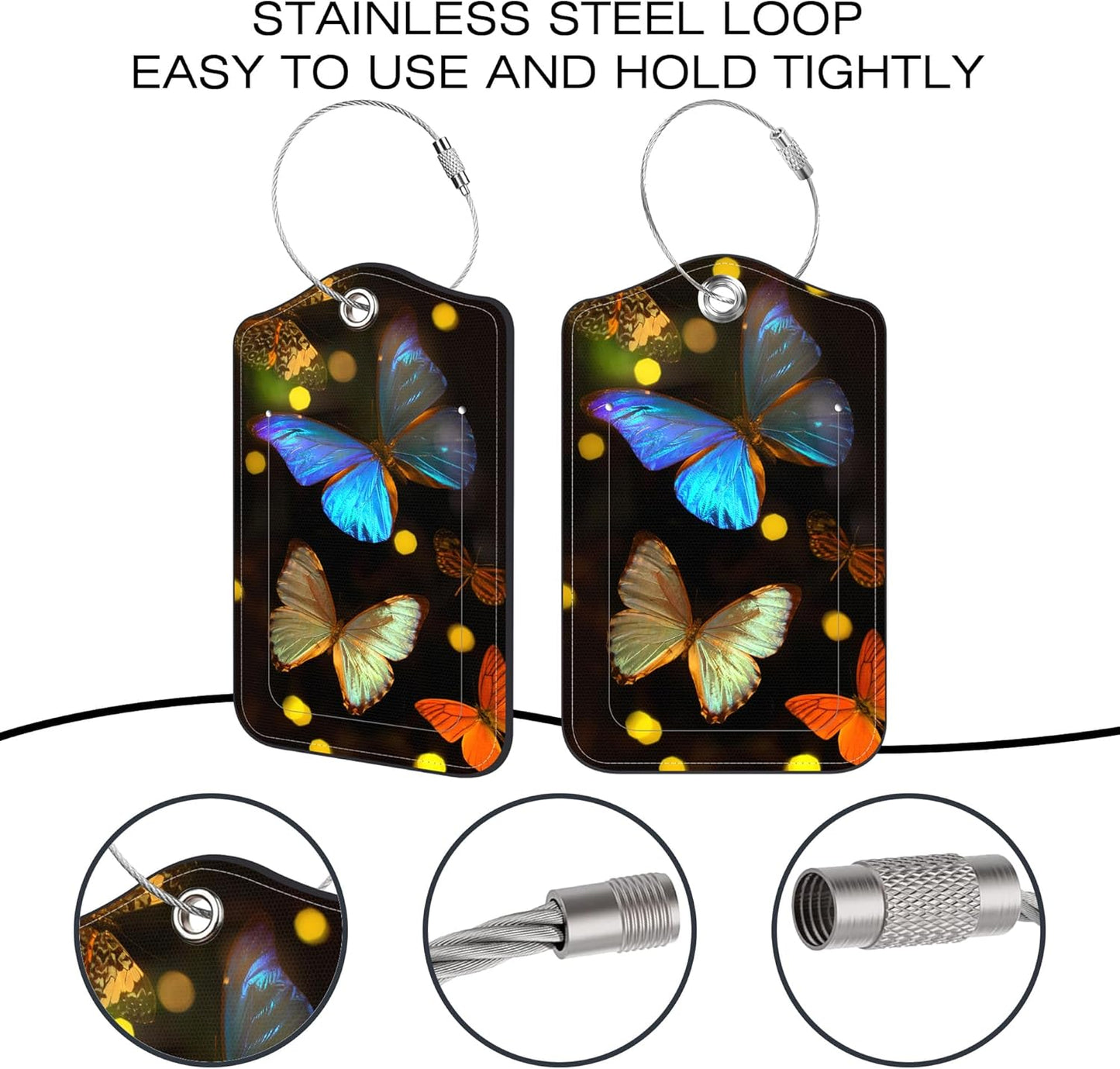 2 Pack Luggage Tags for Suitcase,Golden Butterflies PU Leather Idea Baggage Tag with Name Labels Privacy Cover Metal Ring Men and Women Travel Cruise Labels