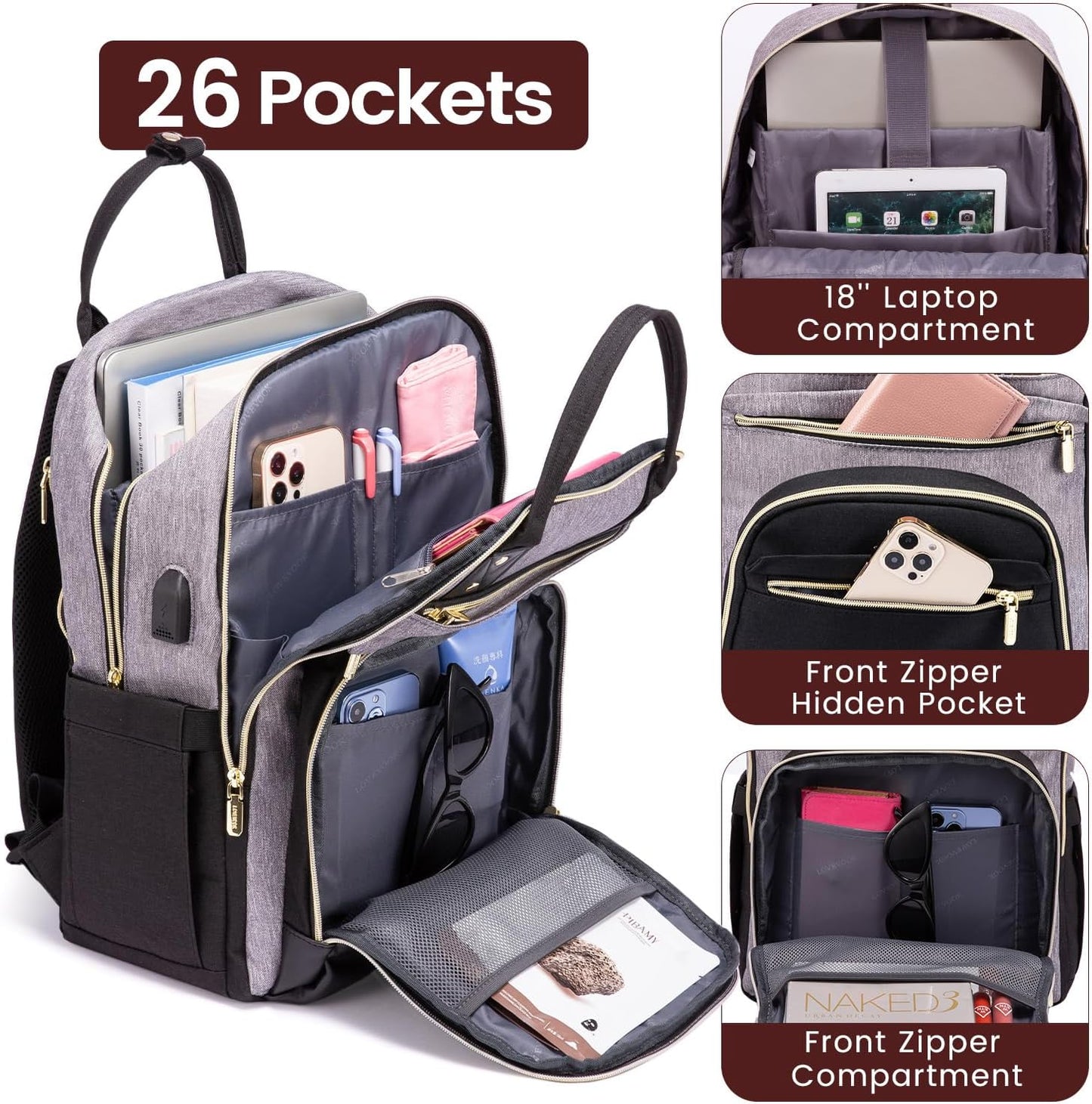 LOVEVOOK Backpack for Women,Laptop Backpack Women,Fits 18 Inch Laptop Bag,Fashion Travel Work Anti-theft Bag,Waterproof Business Computer College Teacher Backpack Purse Daypack, Grey-Black-Balck