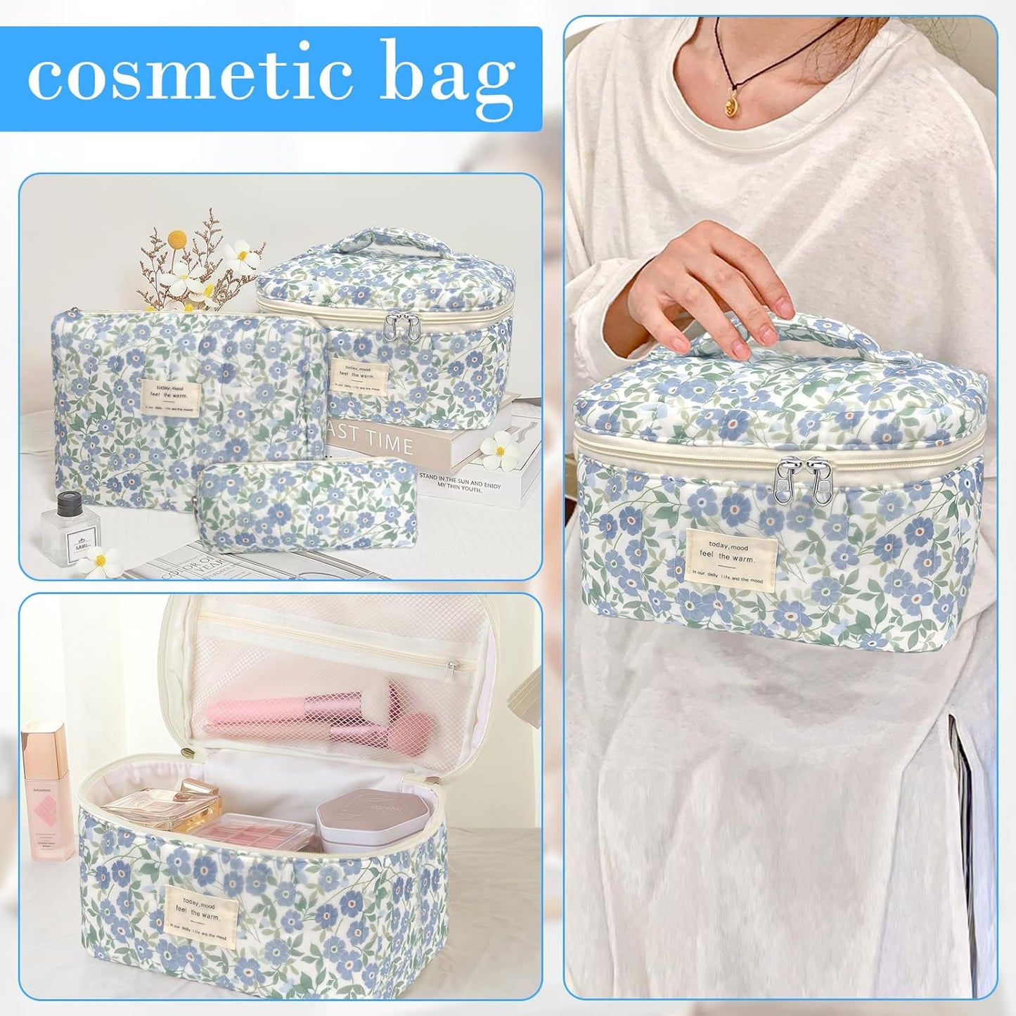 Quilted Makeup Bag, Large Capacity Travel Cosmetic Bag for Women and Girls, Aesthetic Storage for Daily and Travel Use (3pcs-ditsyfloral)