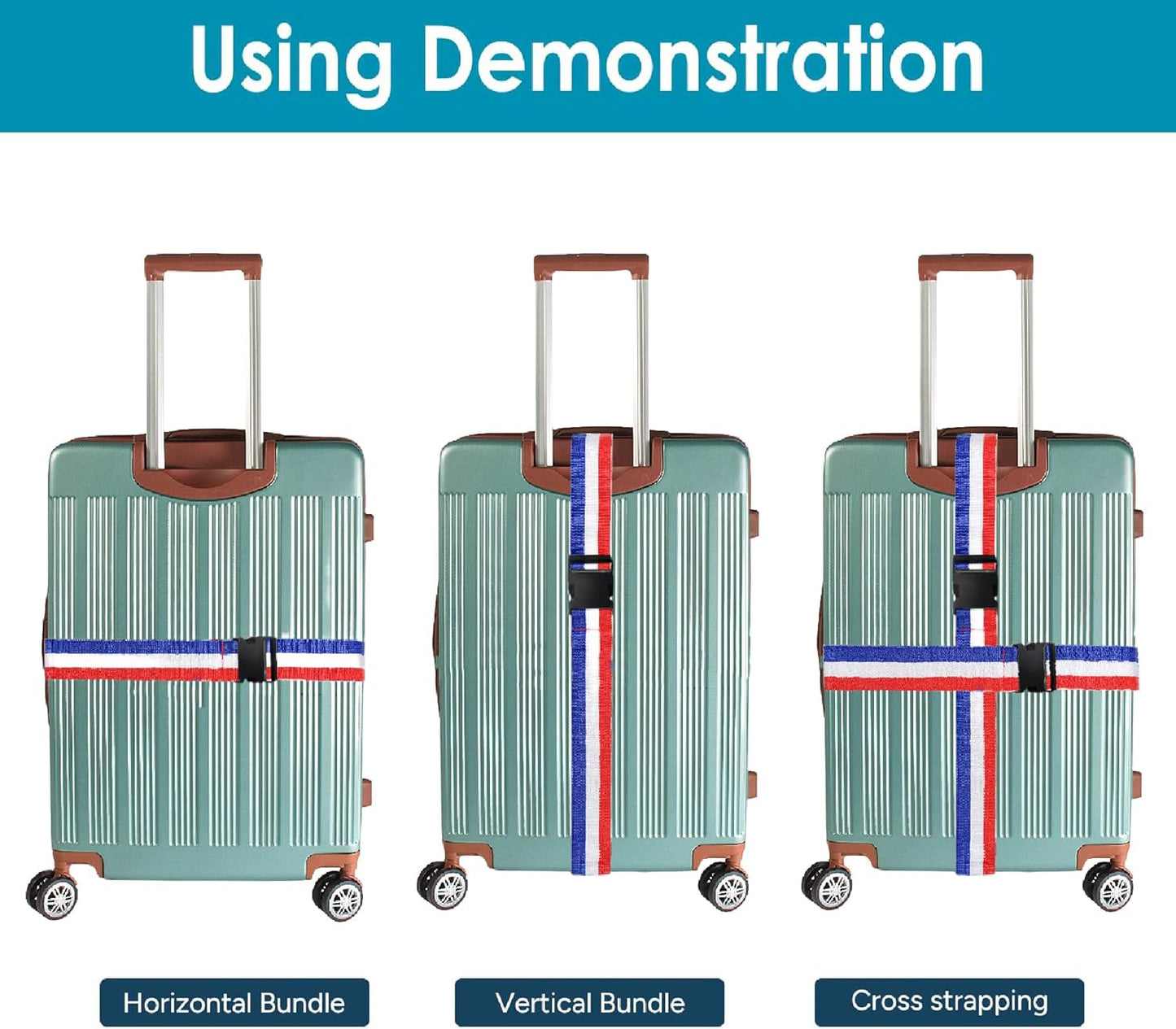 Nylon Luggage Straps Suitcase Belt Travel Accessories with Adjustable Buckle,Heavy Duty Strap Bright Colors for Easy Identification, 2 Packs Blue-White-Red 2M