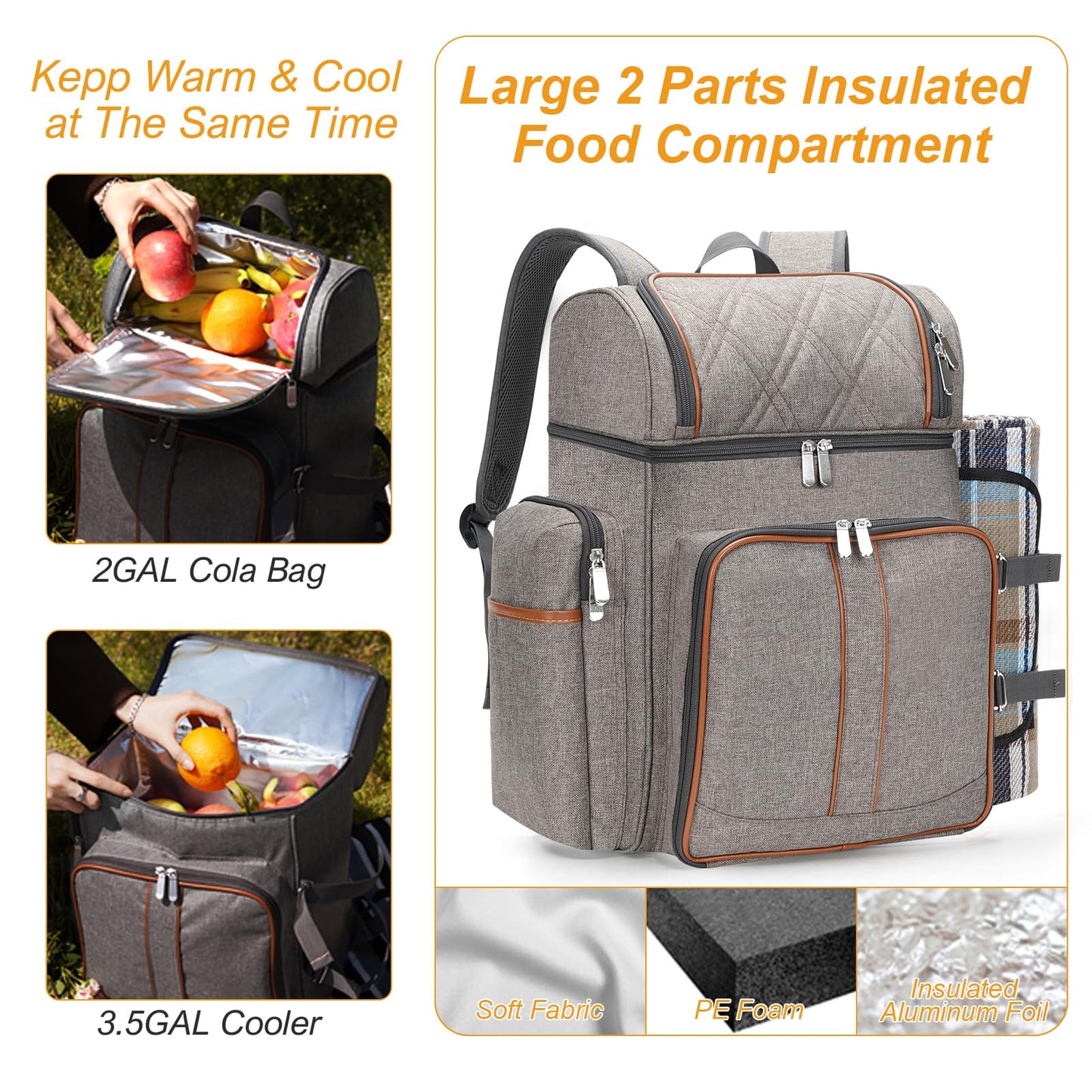 Picnic Backpack for 4, Insulated Cooler Bag with Blanket, BrushedKhaki