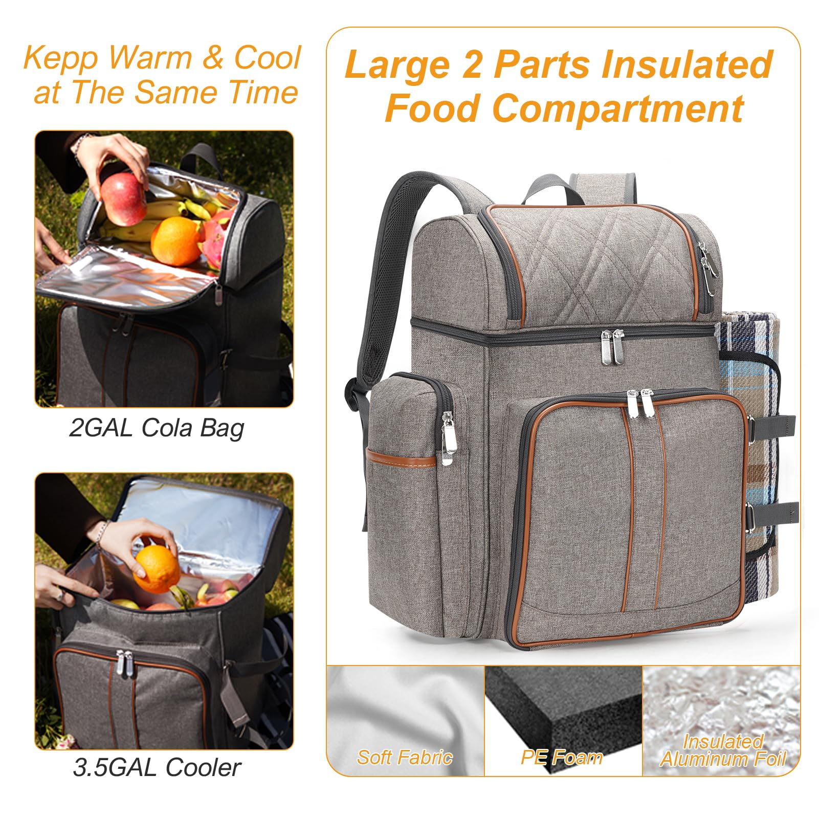 Picnic Backpack for 4, Insulated Cooler Bag with Blanket, BrushedKhaki