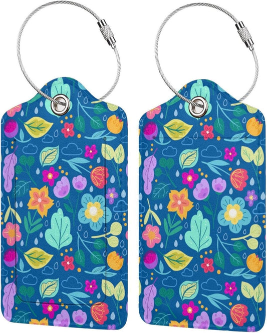 2 Pack Luggage Tags for Travel PU Leather Blue Luggage Tag Name ID Labels with Privacy Cover for Suitcases Women Men Kids Girls
