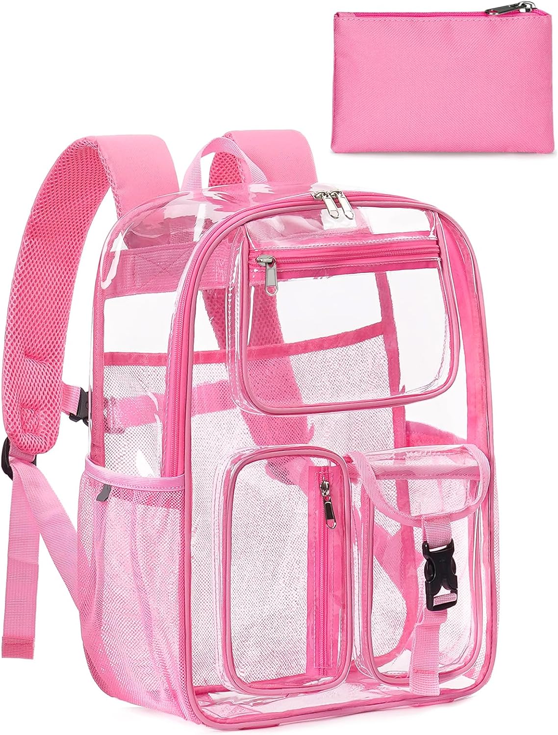 Heavy Duty Clear Backpack For School, 17 Inch Clear Bookbag For Kids Boys Girls Women Men, Large See Through Backpack With An Extra Pouch Accessories, Multi-Pockets Tranparent Bag, College, Pink