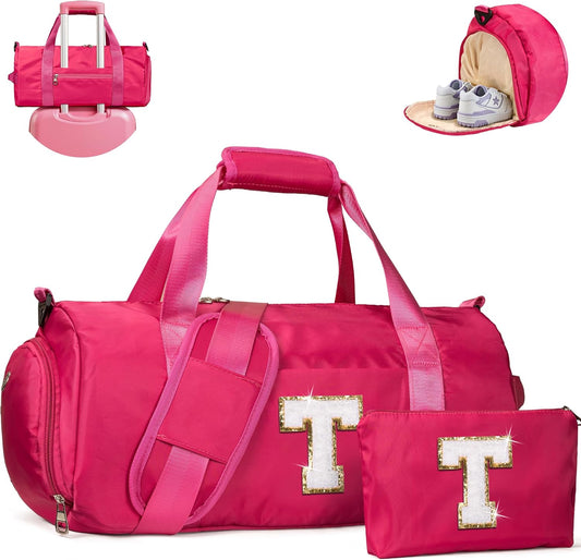 Gift for Daughter, Girls Travel Duffel Bag, Kids Initial Overnight Bags with Shoe Compartment, Customized Sport Gym Weekender Bag with Makeup Pouch, Cool Gifts for 7 Year Olds (Letter T)