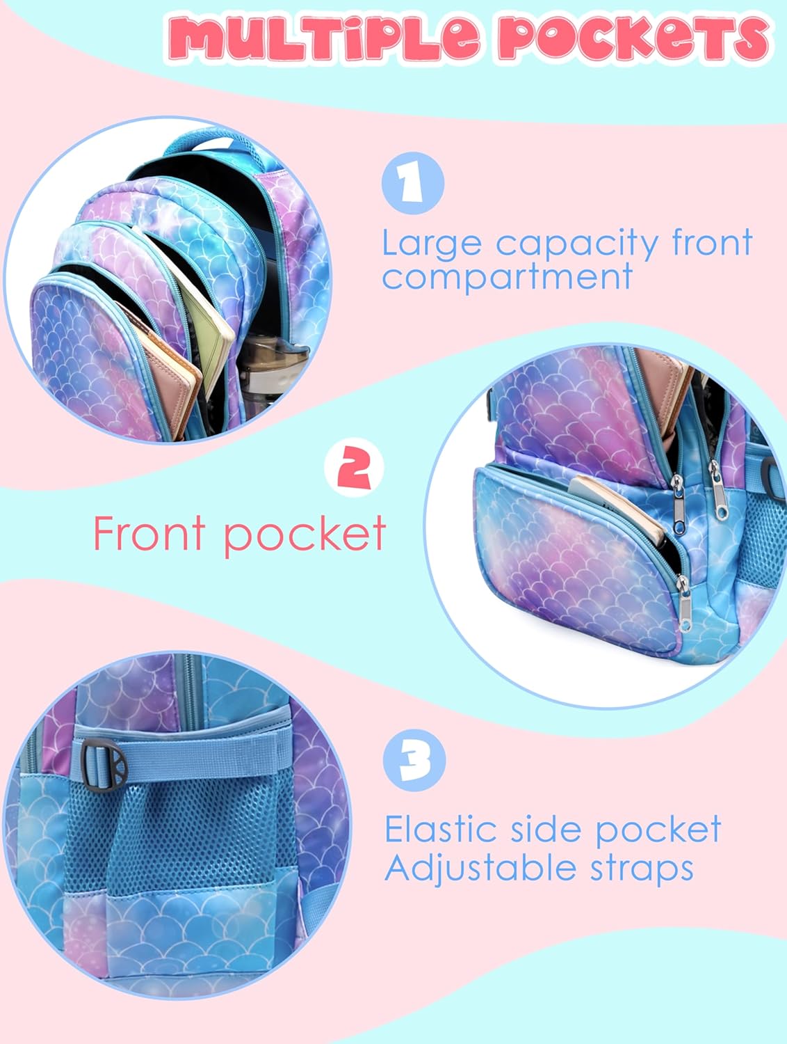 BLUEFAIRY Kids Backpacks for Boys Girls Elementary Primary Middle School Bookbags Back to School Bags for Childs Age 6-8 Mochilas Escolares para Niños Niñas 17 Inch Mermaid Sky Blue