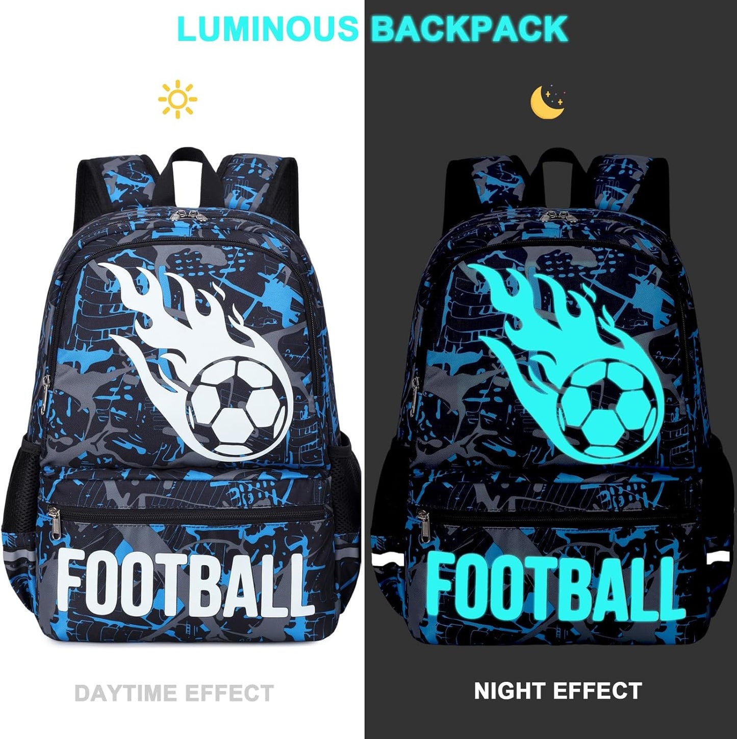 Octsky Kids School Backpack for Boys, Luminous Soccer Backpack Bookbag with Lunch Box, Blue