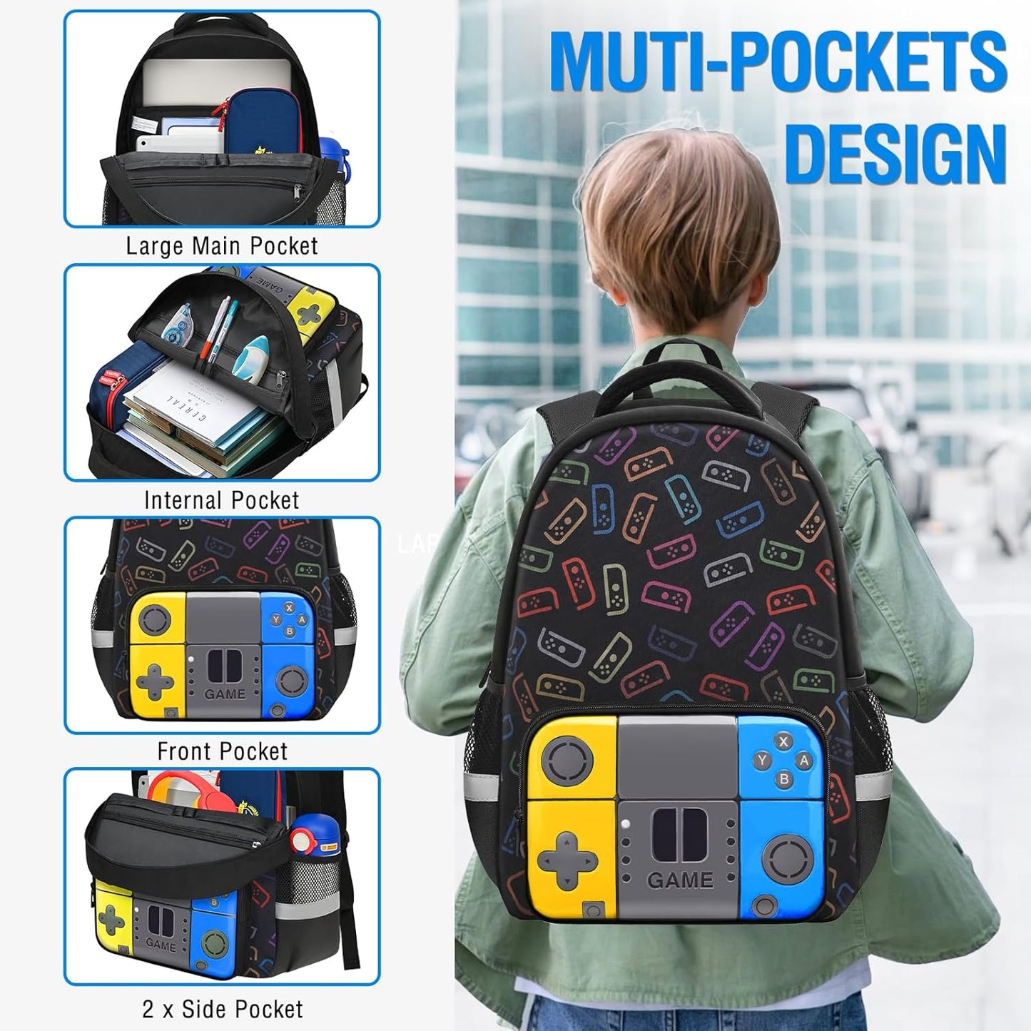 Boys Backpack for School,Gamer Backpack for Boys Kids,Boy Bookbag for Elementary Middle School Student,Video Game Bookbag For Boy Kids Teen Age 6-14,17″