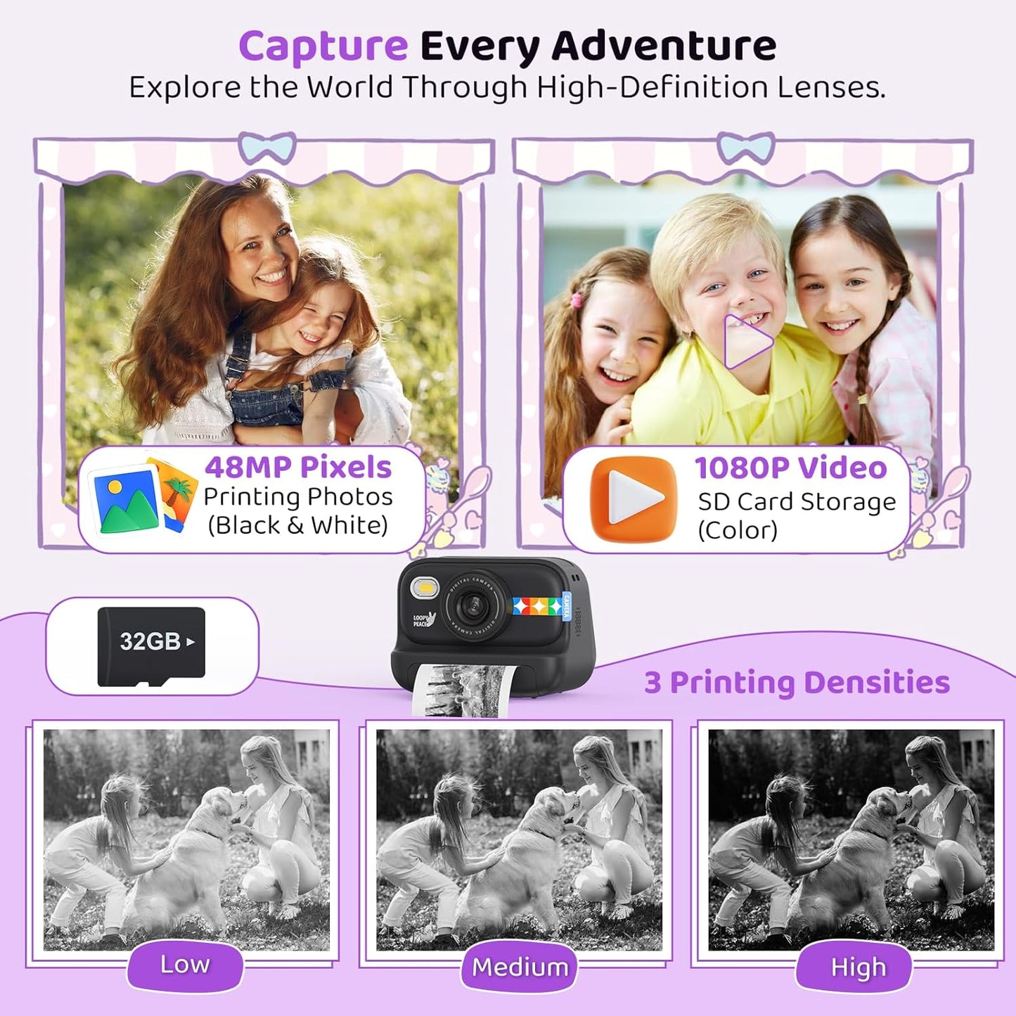Instant Print Camera for Kids, Birthday Gifts for Girls and Boys Ages 3-12 - 1080P Video Camera for Kids, Gift Ideas for Boys Ages 3 4 5 6 7 8 9 10 11 12 - Girls' Gifts for Christmas/Holidays (Black)