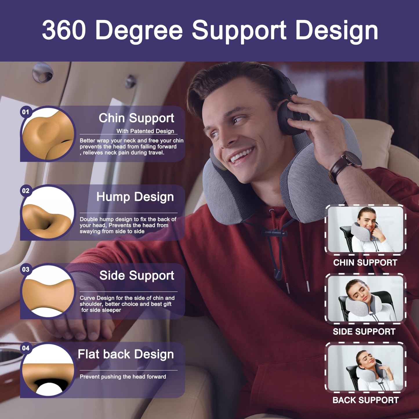napfun Neck Pillow for Traveling, Upgraded Travel Neck Pillow for Airplane 100% Pure Memory Foam