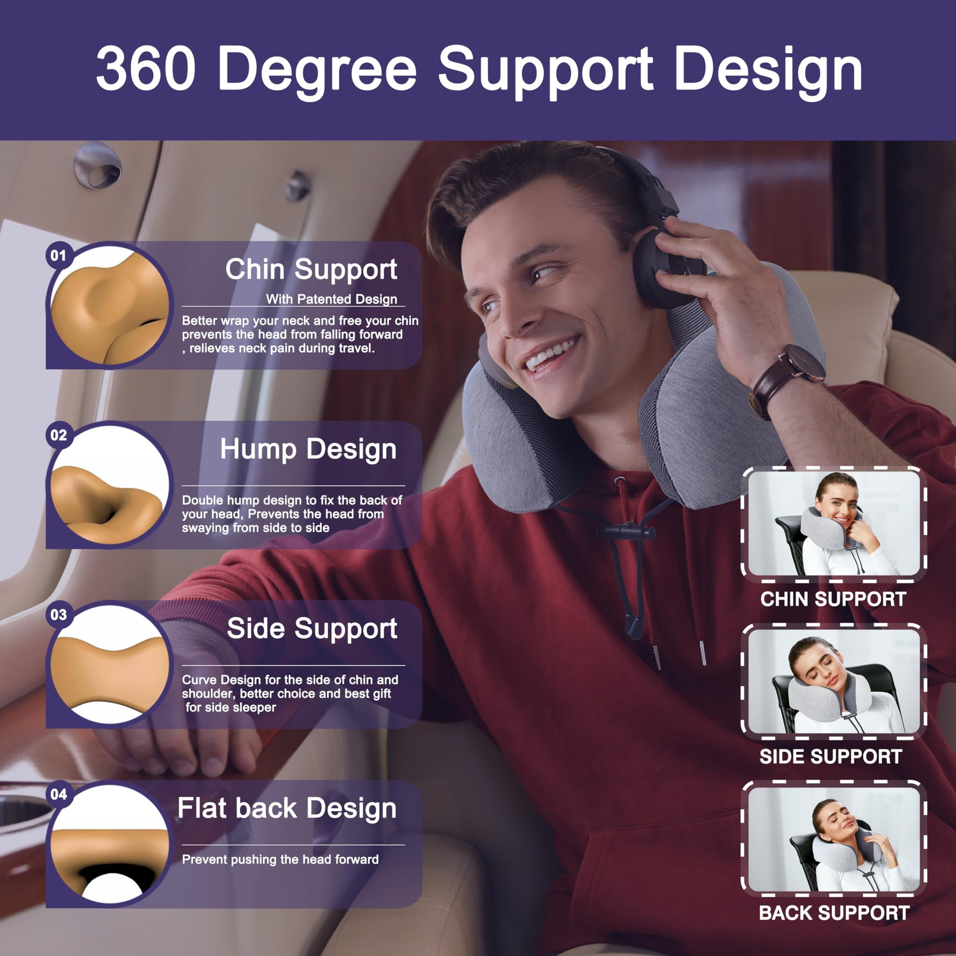 napfun Neck Pillow for Traveling, Upgraded Travel Neck Pillow for Airplane 100% Pure Memory Foam