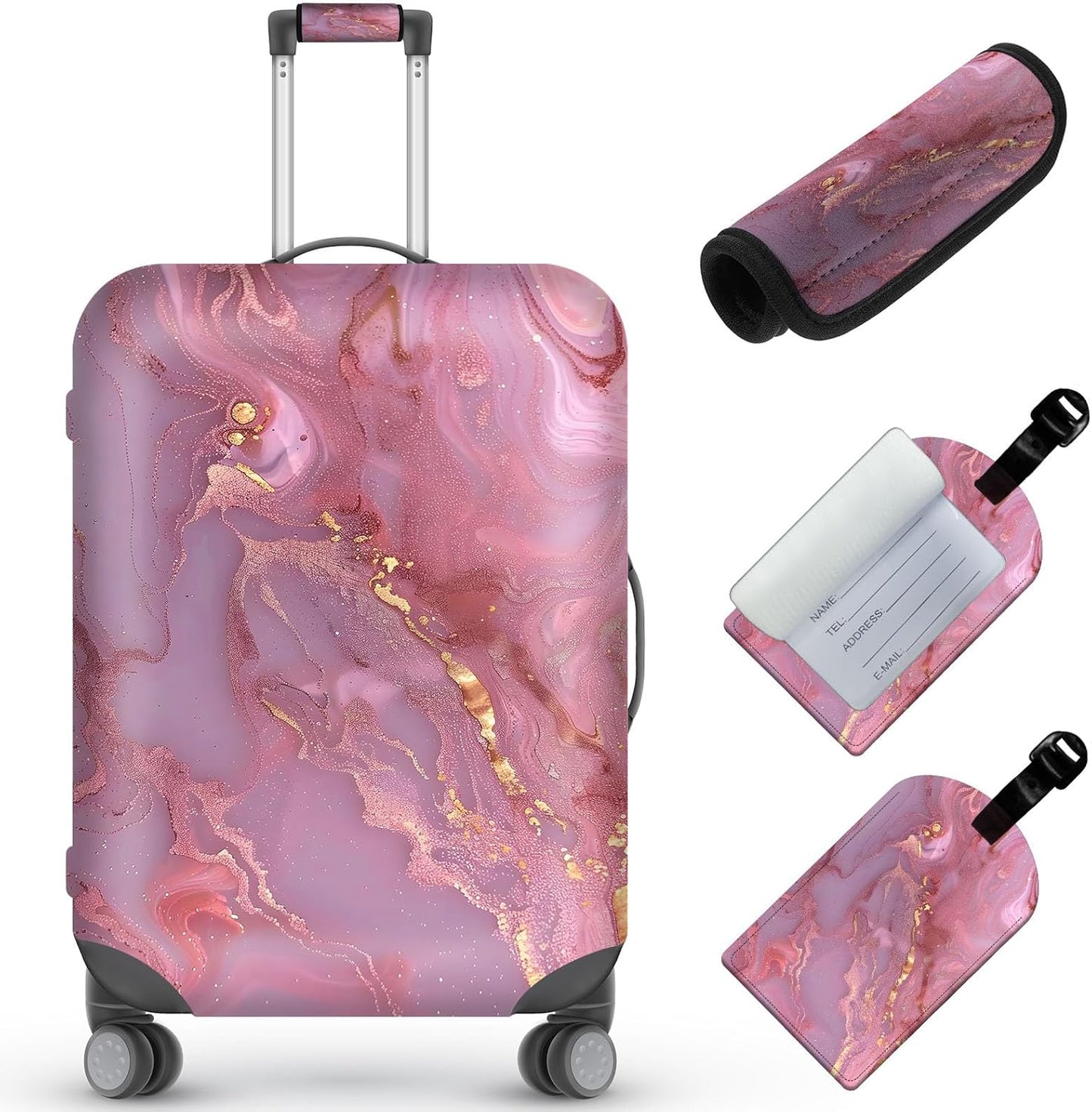 Travel Luggage Cover,Pink Gilt MarbleTheme Suitcase Cover Accessory Kit, Luggage Tag, and Comfortable Luggage Handle Wrap, Washable Luggage Suitcase Protector (25-28 inch,L)