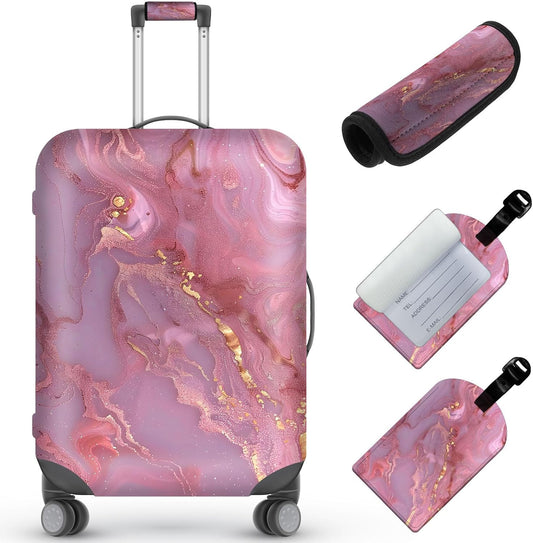 Travel Luggage Cover,Pink Gilt MarbleTheme Suitcase Cover Accessory Kit, Luggage Tag, and Comfortable Luggage Handle Wrap, Washable Luggage Suitcase Protector (22-24 inch,M)