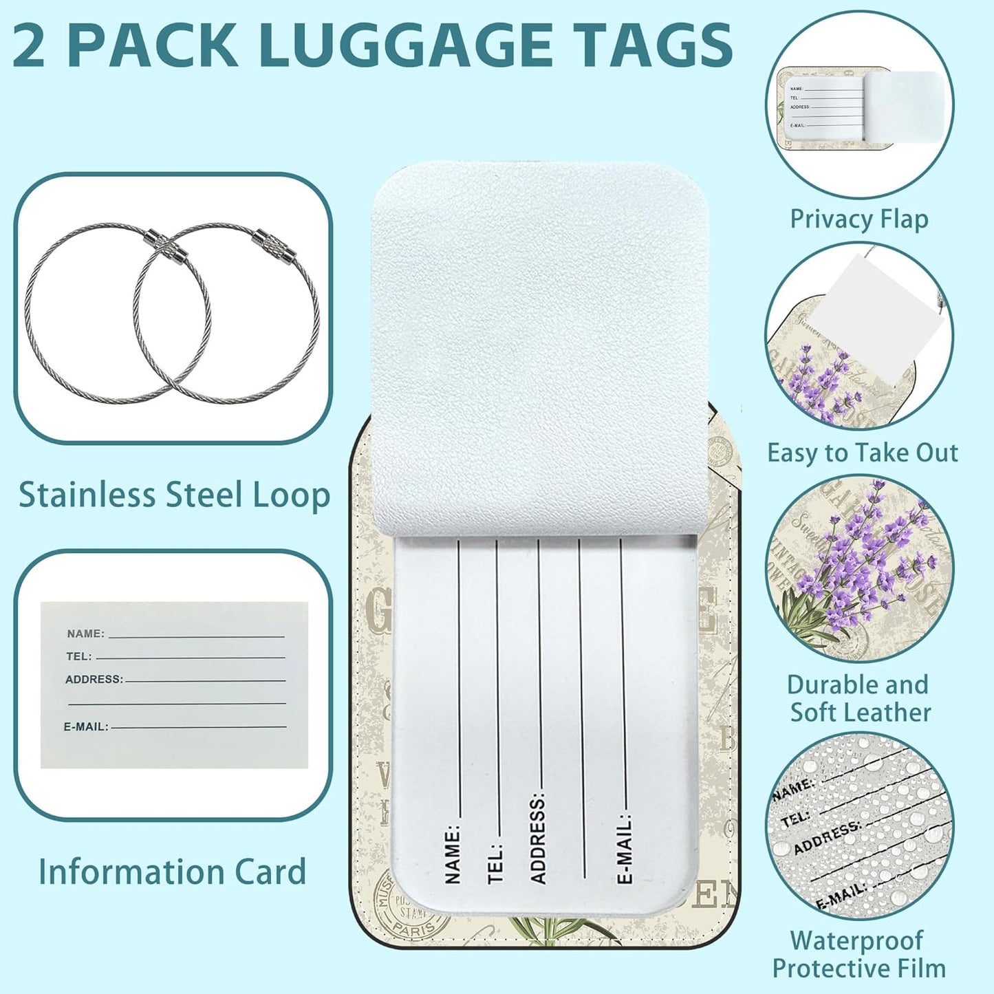 2 Pack Cute Luggage Tag for Suitcases Beautiful Purple Lavender Leather Luggage Tags with Stainless Steel Loop Privacy Flap Name Tags,Men and Women Travel Bag Suitcase Tags
