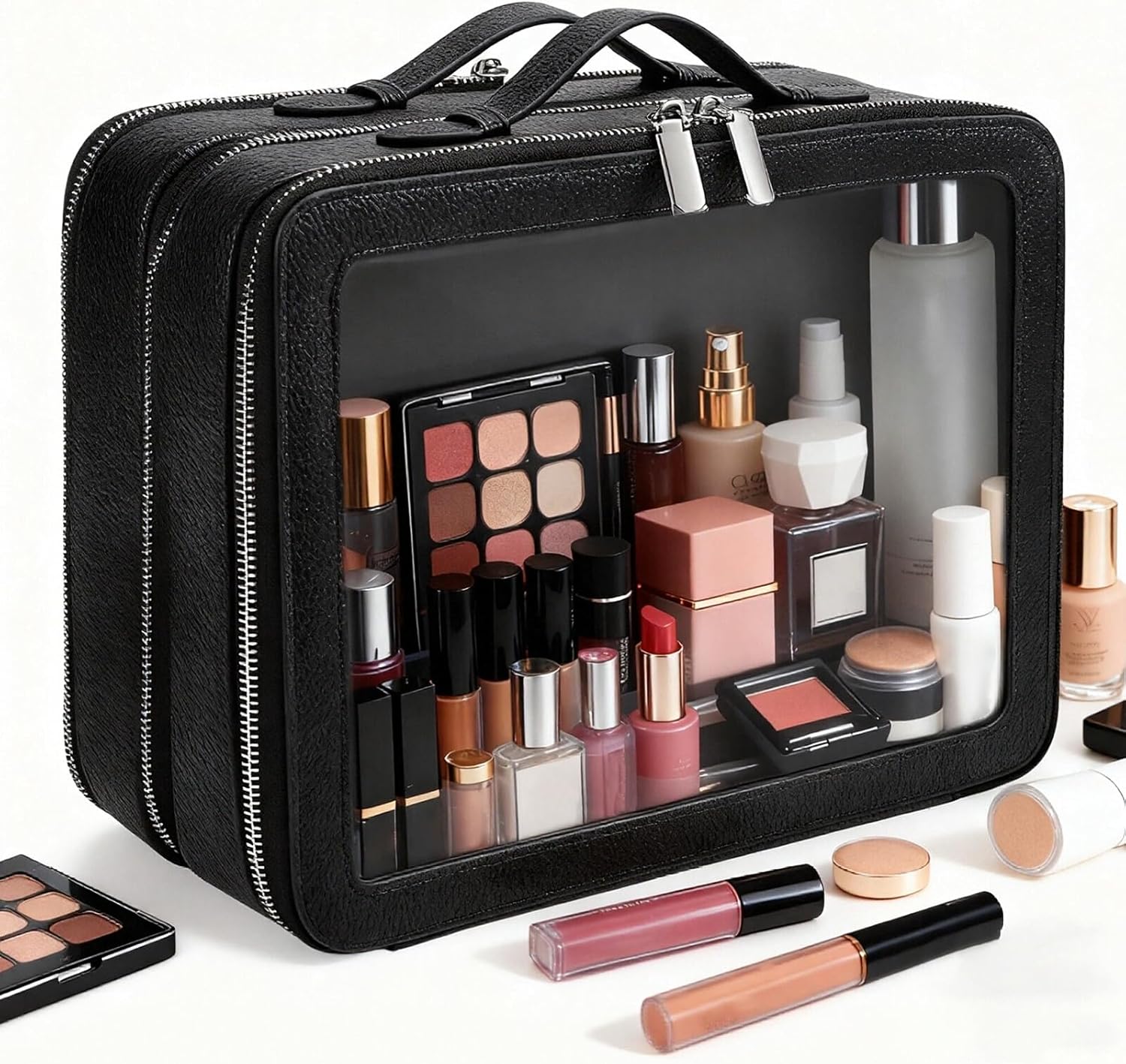 Clear Makeup Bag,Large Toiletry Case for Women,PU Leather Travel Cosmetic Bag,Detachable Makeup