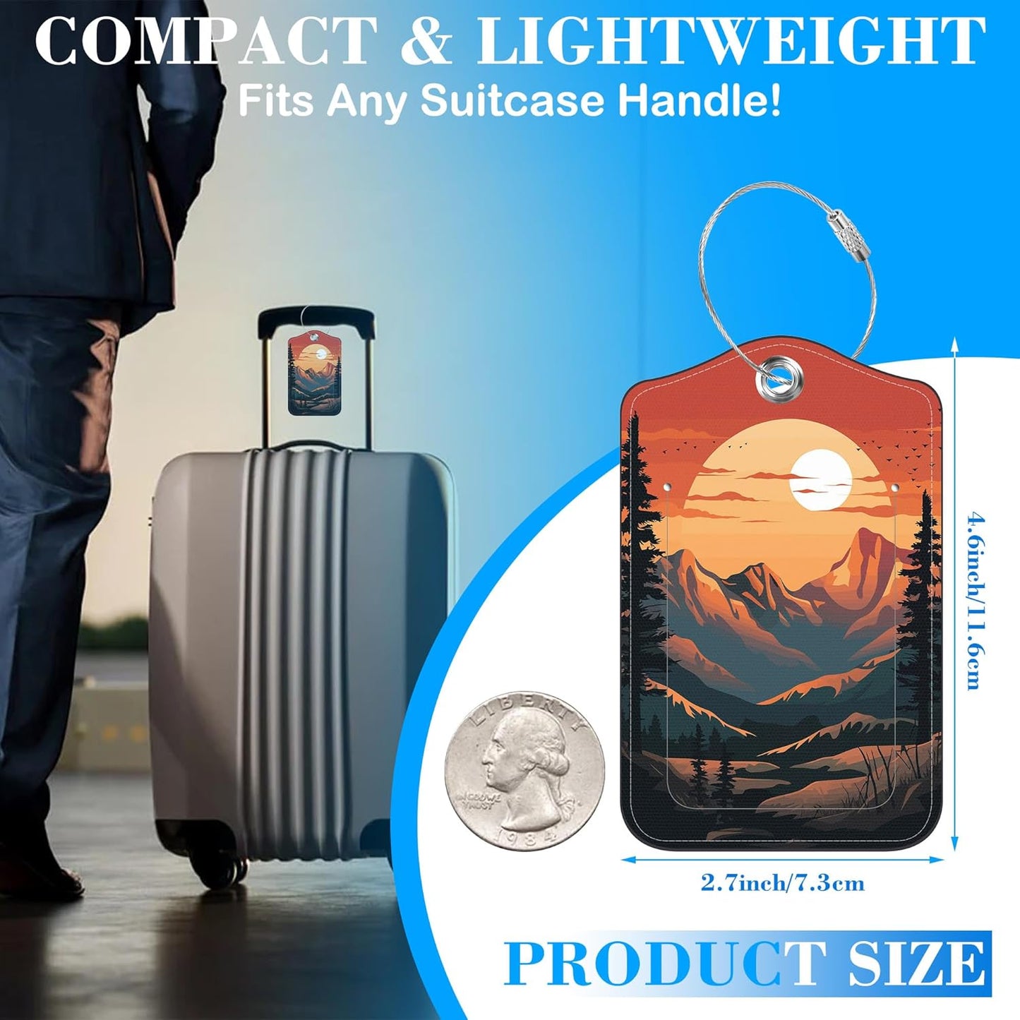 2 Pcs Luggage Tags for Suitcases, Sunset in The Mountains Leather Bag Tags for Luggage Privacy Cover Name ID Label with Stainless Steel Loop Cruise Airport Travel Essentials