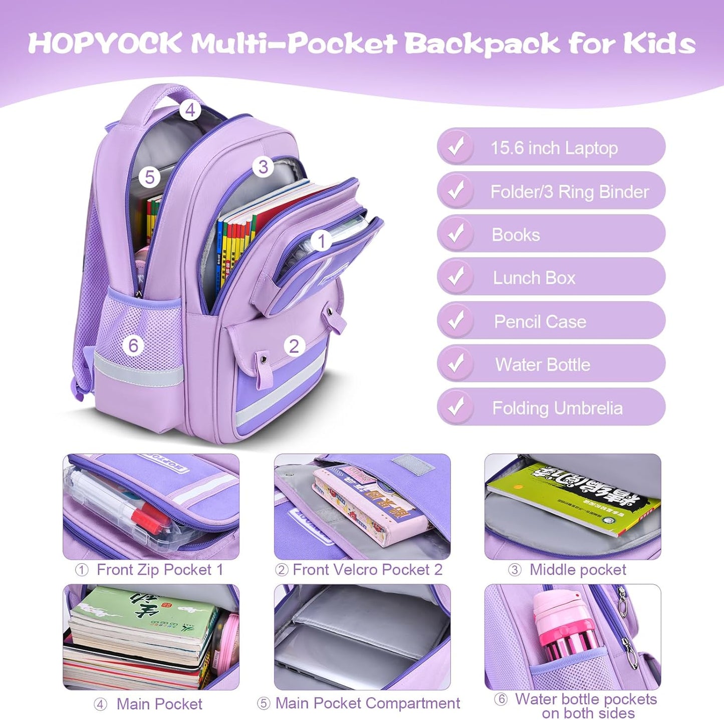 HOPYOCK-School Bags for Girls,Multi-Pocket Unisex Elementary School Backpack with Reflective