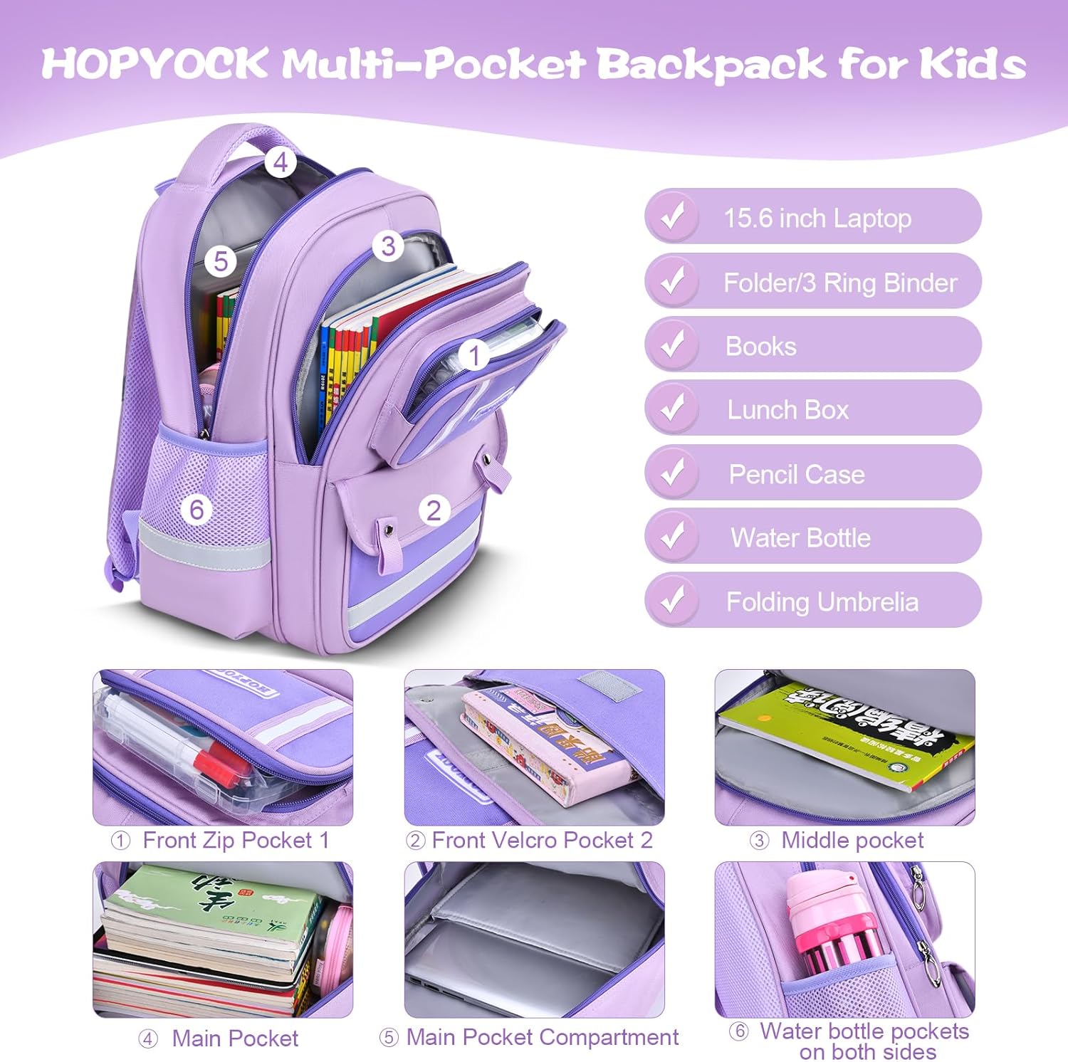 HOPYOCK-School Bags for Girls,Multi-Pocket Unisex Elementary School Backpack with Reflective
