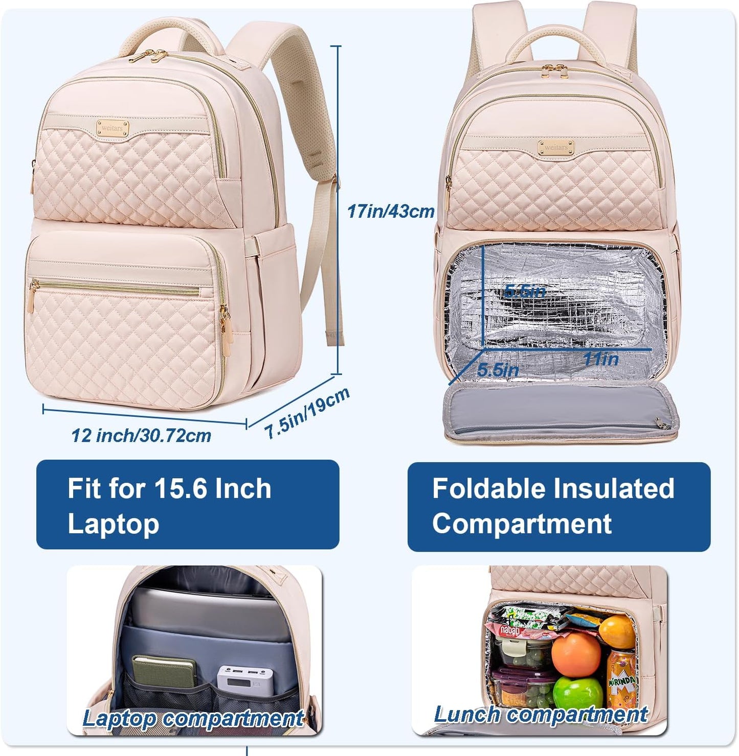 Weitars Lunch Backpack, Insulated Cooler Backpack 15.6 Inch Laptop Backpack For Women Men For Women Nurses Teacher Gifts for College Work Beach Camping Picnics Travel