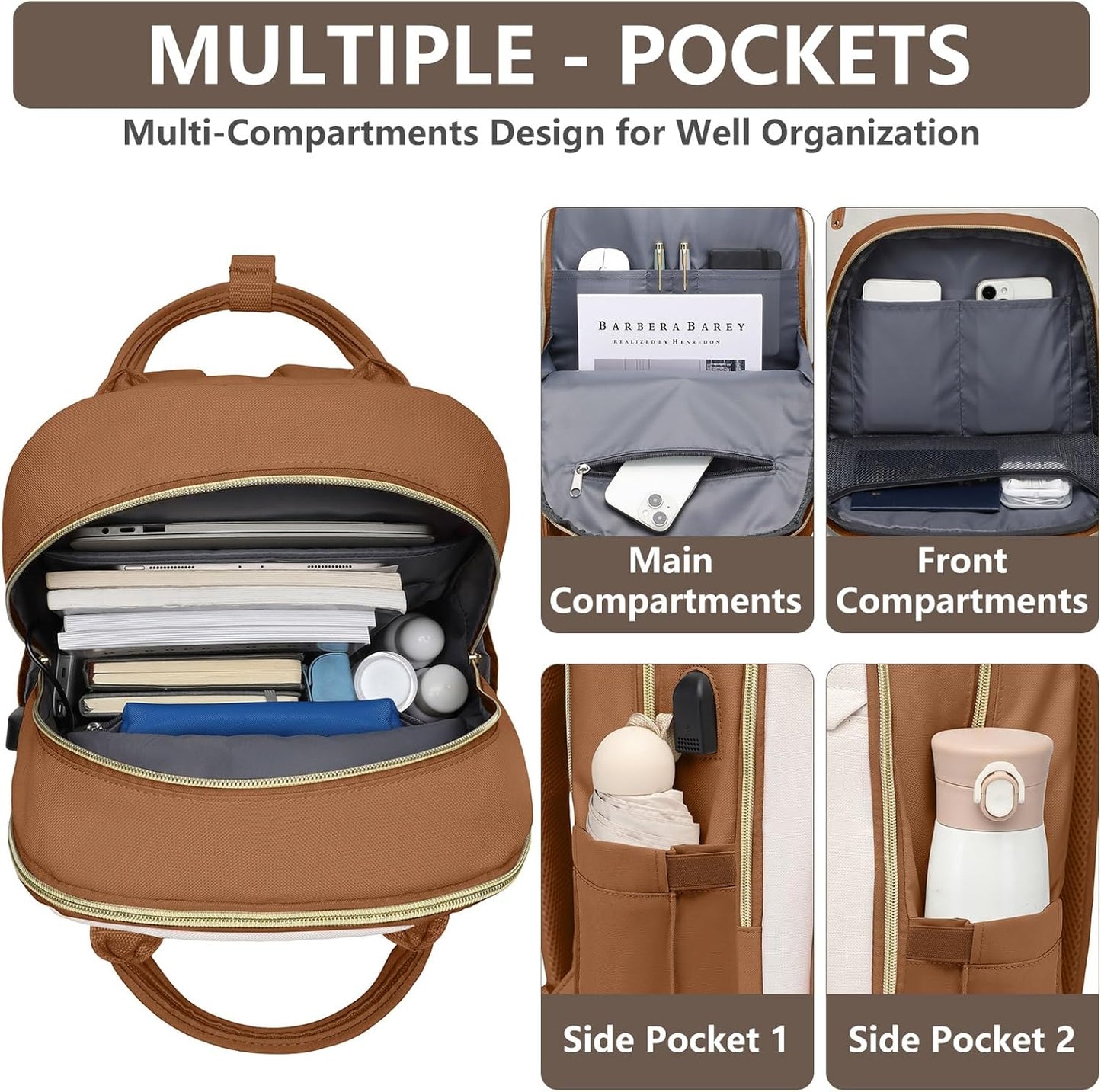Laptop Backpack for Women Work Bookbag: 15.6 Inch College Backpacks with USB Charger School Book Bag Waterproof Travel Computer Back Pack Anti-Theft Casual Bookbags for Girls Teacher Nurse Beige Brown