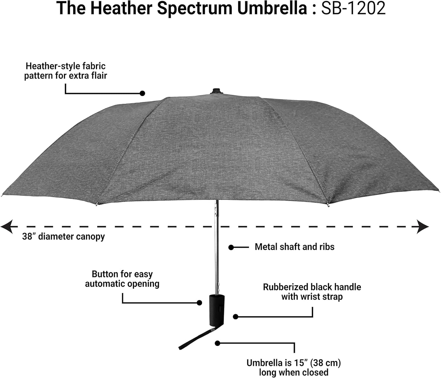 The Spectrum Popular Style 42" Automatic Open Compact Travel Umbrella for Rain, Wind & Sun, Sturdy Lightweight Small Portable Stick Umbrella for Men and Women