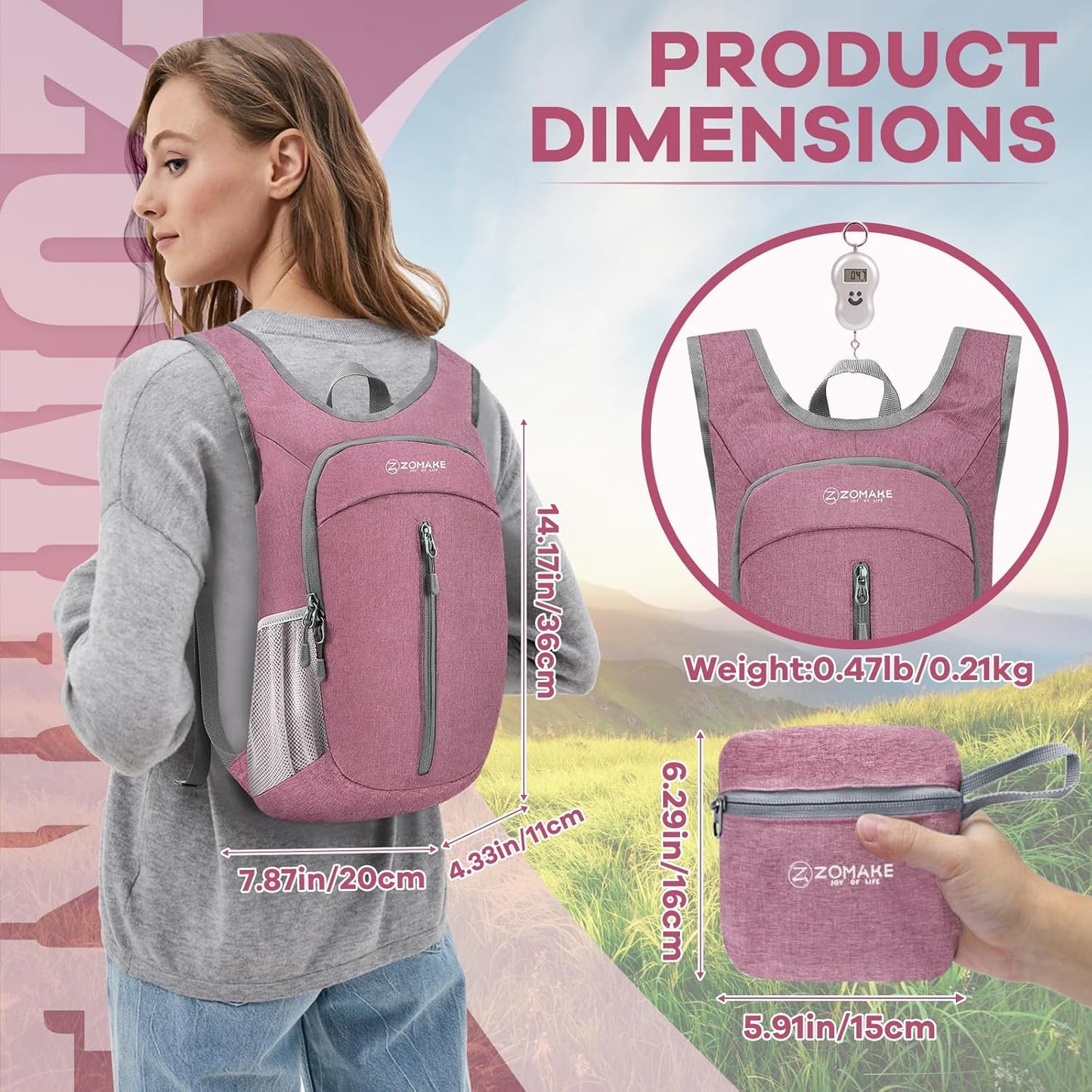 ZOMAKE 10L Ultra Lightweight Packable Backpack, Small Daypack Light Foldable Backpacks Water Resistant Day Bag for Hiking(Pink)