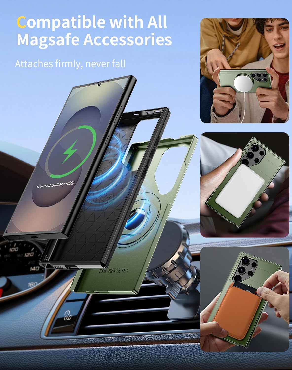 for Samsung Galaxy S25 Ultra Case Magnetic Compatible with MagSafe Wireless Charging,with 1 Screen Protector,Built-in 360° Kickstand Ring Anti-Scratch Shockproof Heavy Duty Protection Green