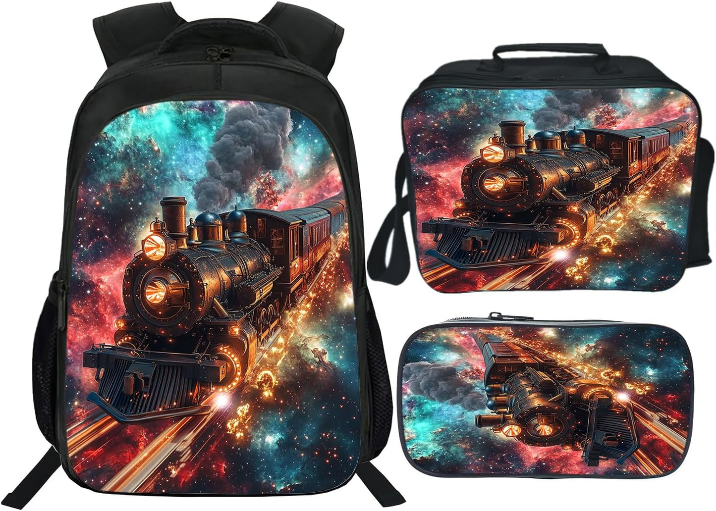 Klymax Outer Space Train Backpack Galaxy Steam Engine Kids Schoolbag with Lunch Box Bag Pencil Bag 3pcs Bookbag Sets for Boys Girls