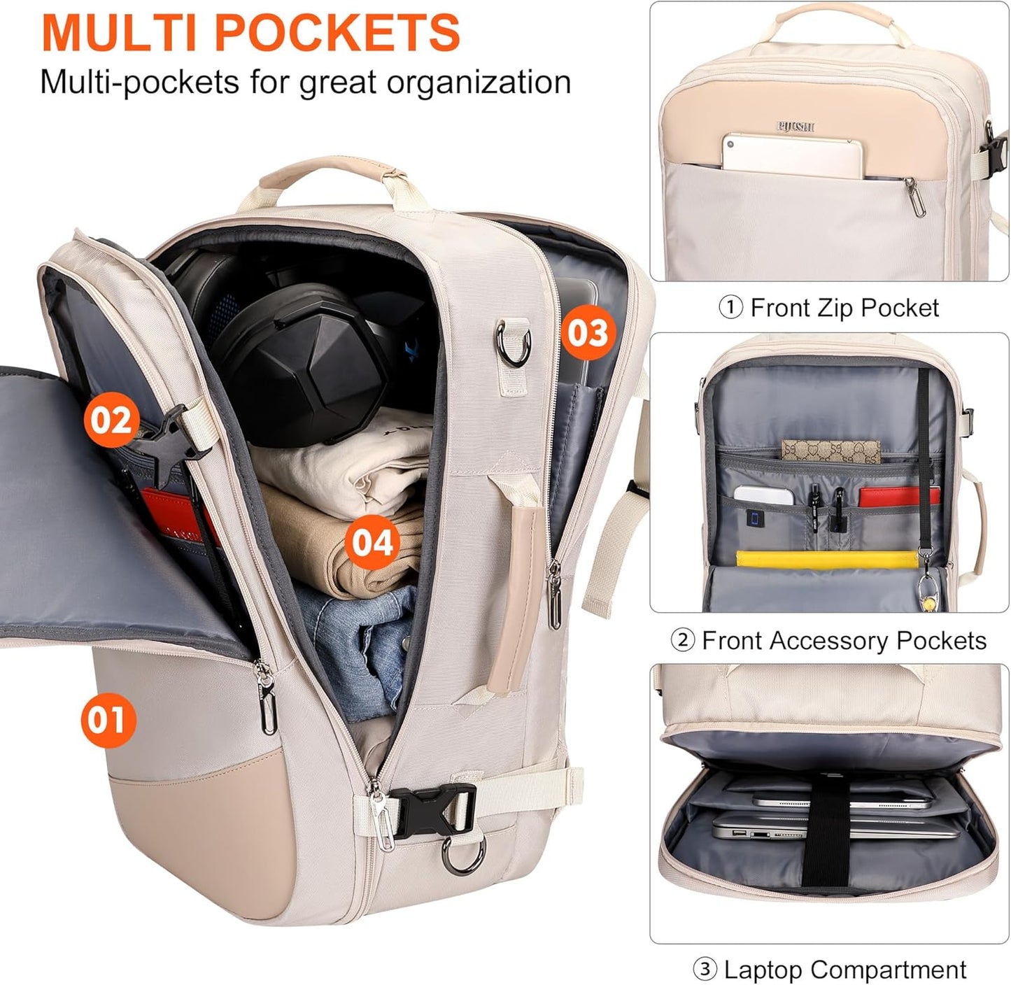 PIJUSHI Travel Backpack for Women Carry on Suitcase Backpack Flight Approved Personal Item Bag Fits 16 Inch Laptop(PE035 Beige)