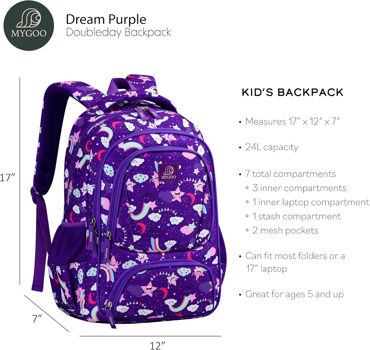 Girls Backpack - 17" Tall Large Elementary School Bag, Doubleday Collection, 24L Capacity, Dream