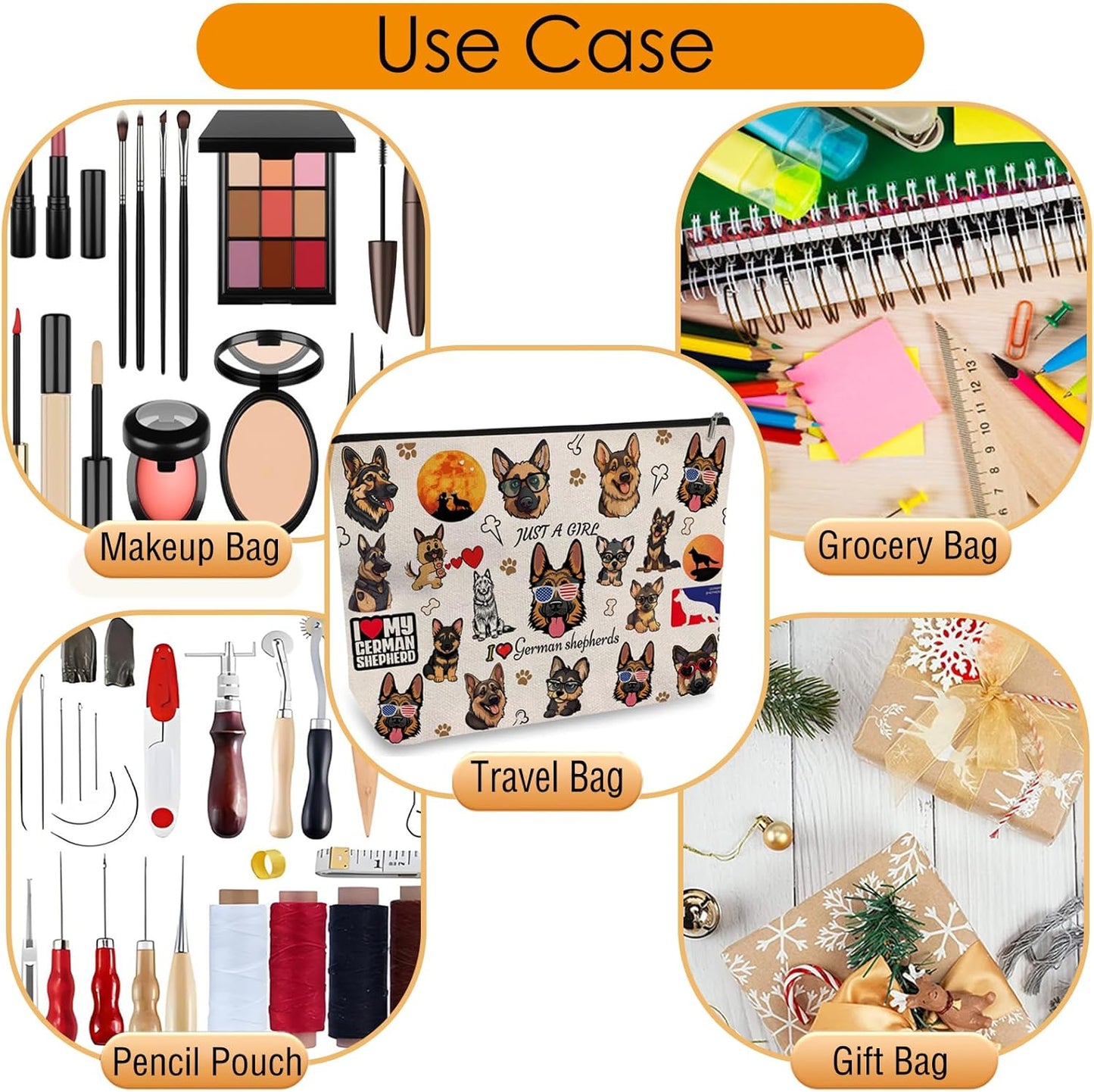 DOOX German Shepherd Makeup Bags with Lining, Funny Cosmetic Bags Pencil Pouch - Double-Sided Print - Cute Cat Birthday & Christmas German Shepherd Gifts for Daughter, Sister, Women