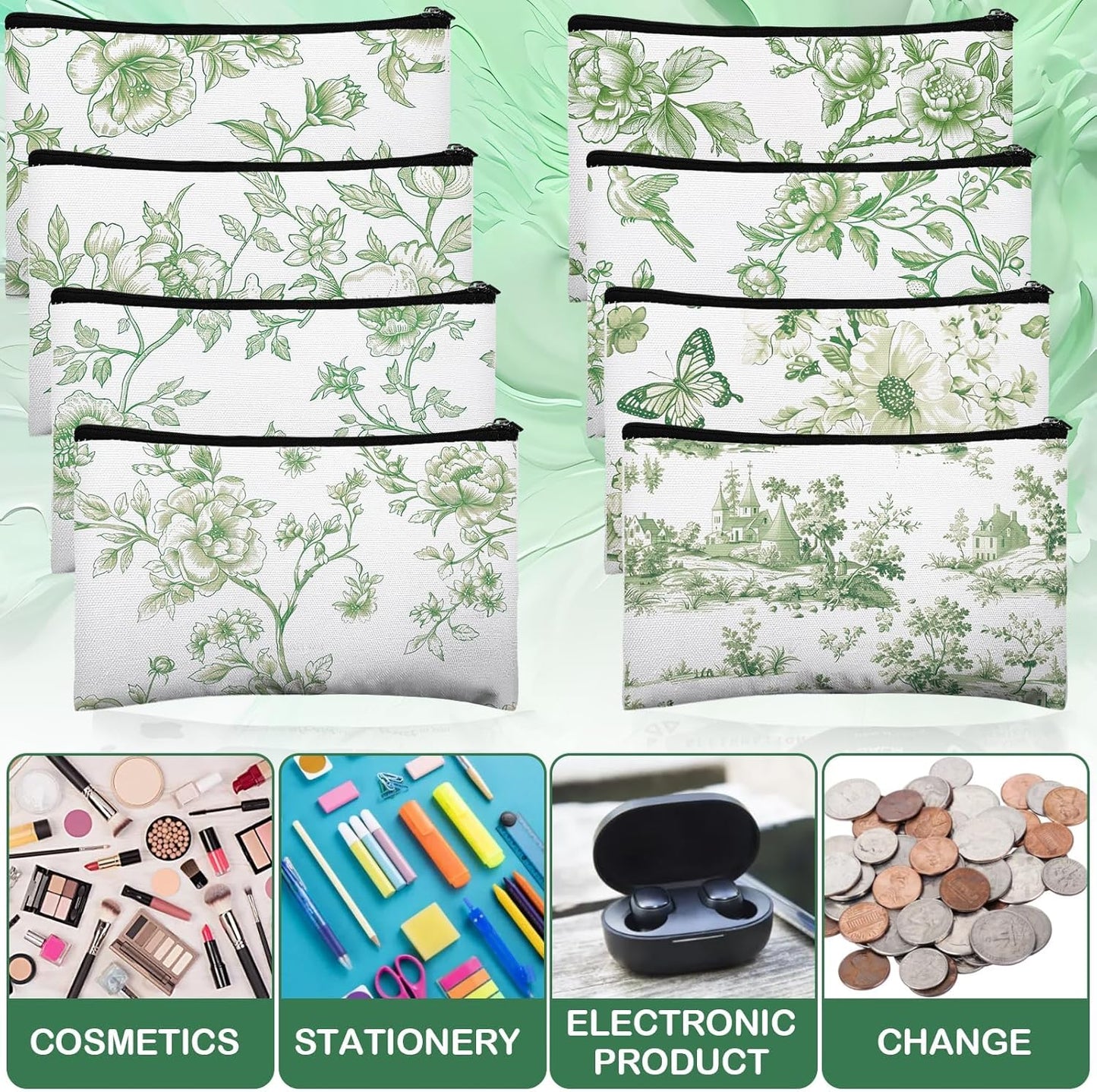 24 Pcs Floral Cosmetic Bags Bulk for Women Sage Green and White Floral Makeup Bags Chinoiserie Canvas Travel Zipper Pouches Aesthetic Toiletry Bag for Girls Bridesmaids Wedding Supplies