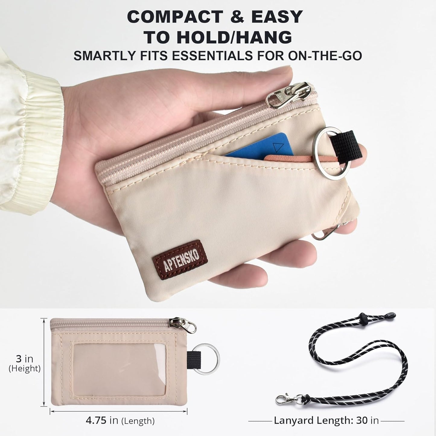 RFID Travel Wallet with Adjustable Lanyard-Zipper Small Wallet with ID Card Holder, Keychain for women&men-Minimalist Slim Waterproof Nylon case for ID, Cash, Key (Almond White)