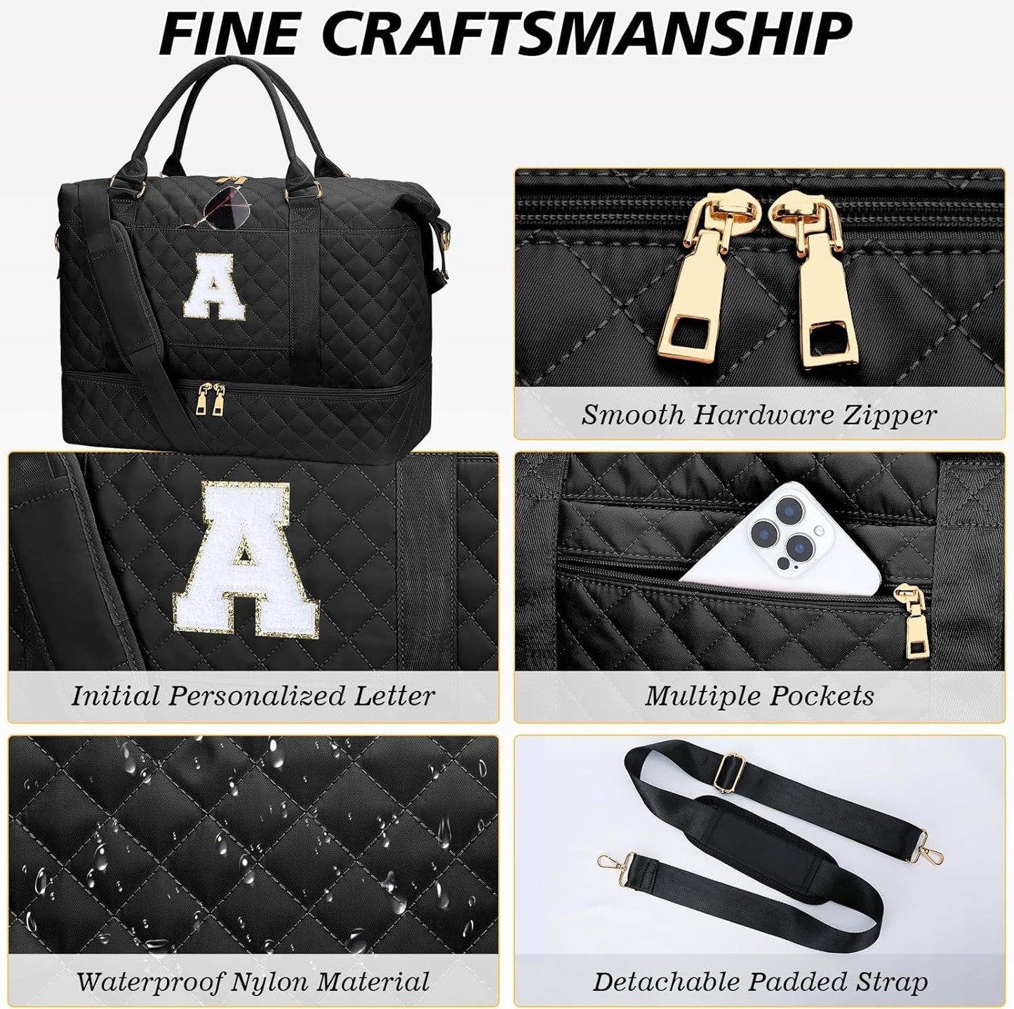 Gifts for Women Girls Initial Travel Duffle Bag Quilted Weekender Carry-On Overnight with Cosmetic
