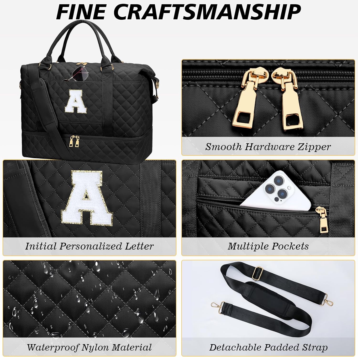 Gifts for Women Girls Initial Travel Duffle Bag Quilted Weekender Carry-On Overnight with Cosmetic
