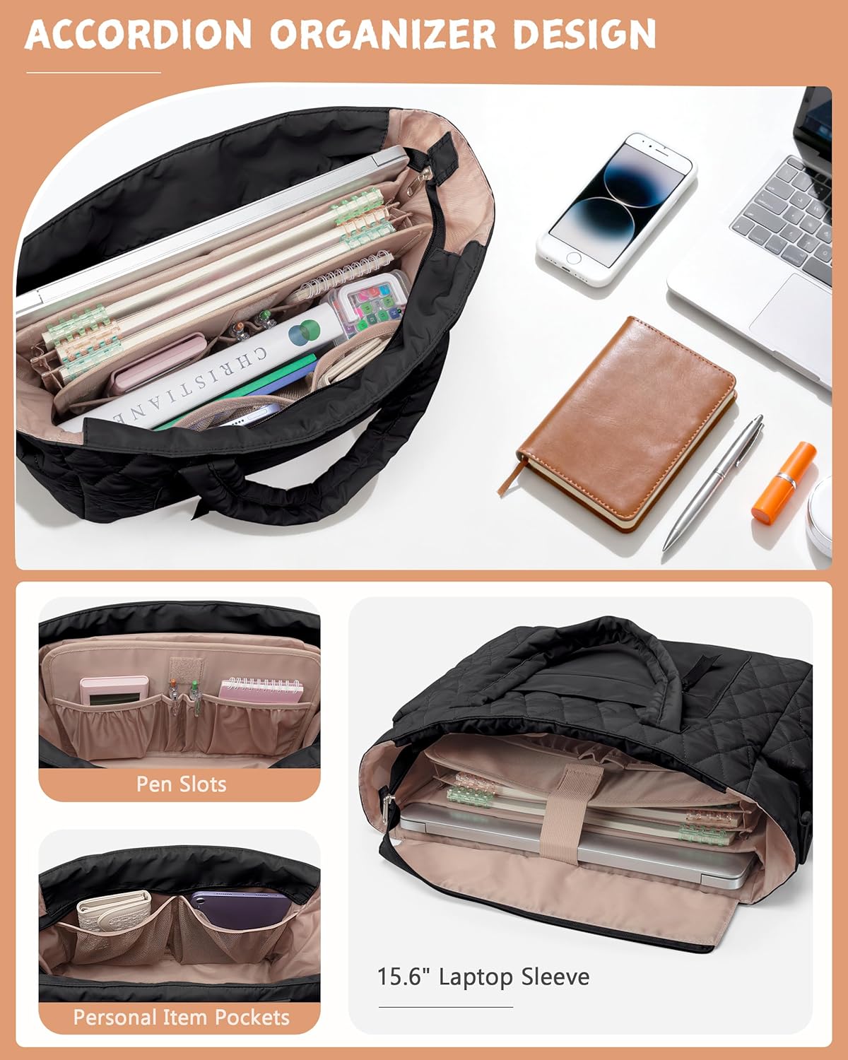 Tote Bag for Women - Puffer Work Tote with Laptop Compartment, Quilted College Shoulder Bag with Zipper for Work