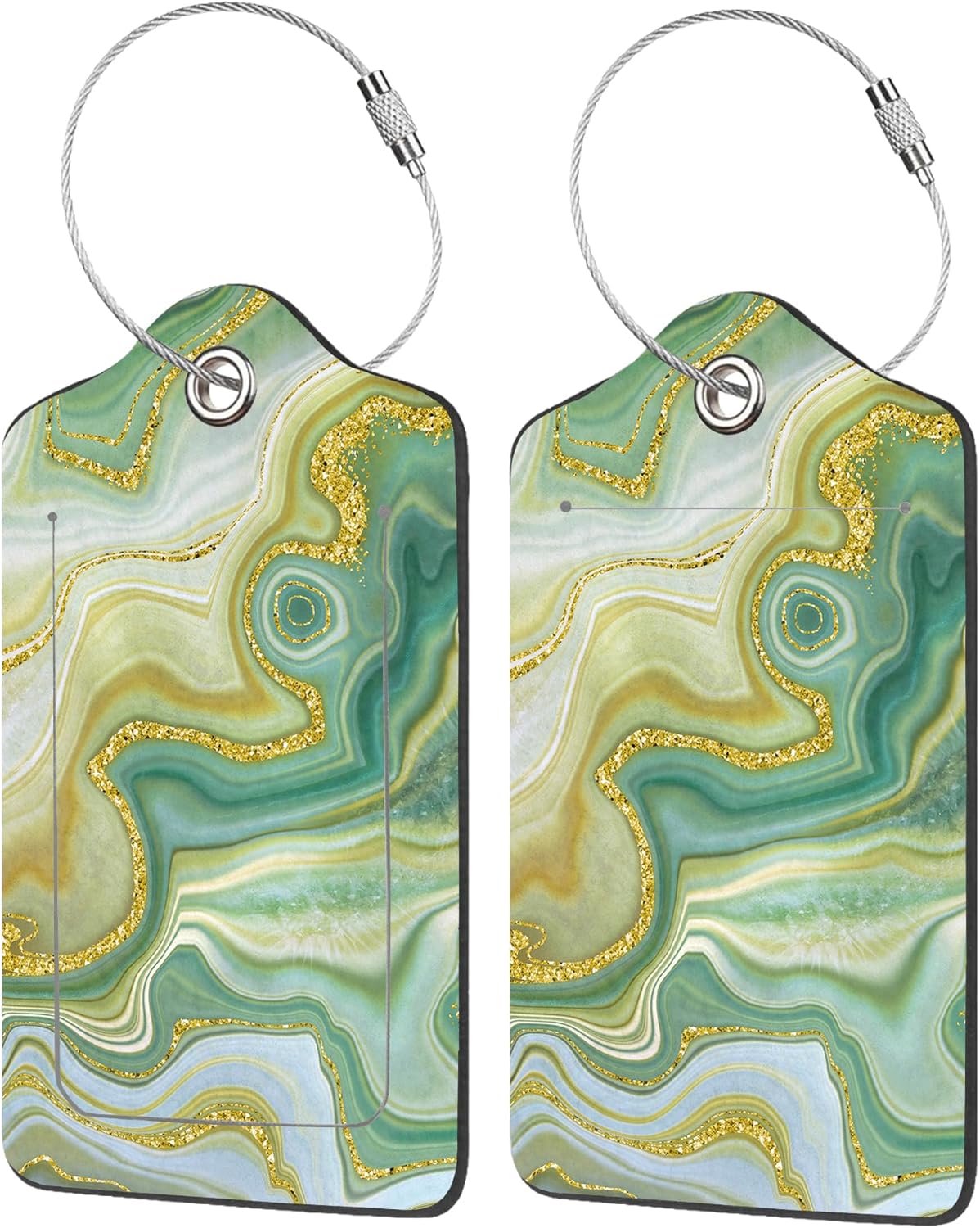 2 Pack Luggage Tag for Suitcase,Green Marble with Gold Glitter Veins PU Leather Suitcase Tags Identifiers with Privacy Name Address Labels and Durable Steel Loop for Women Men Travel