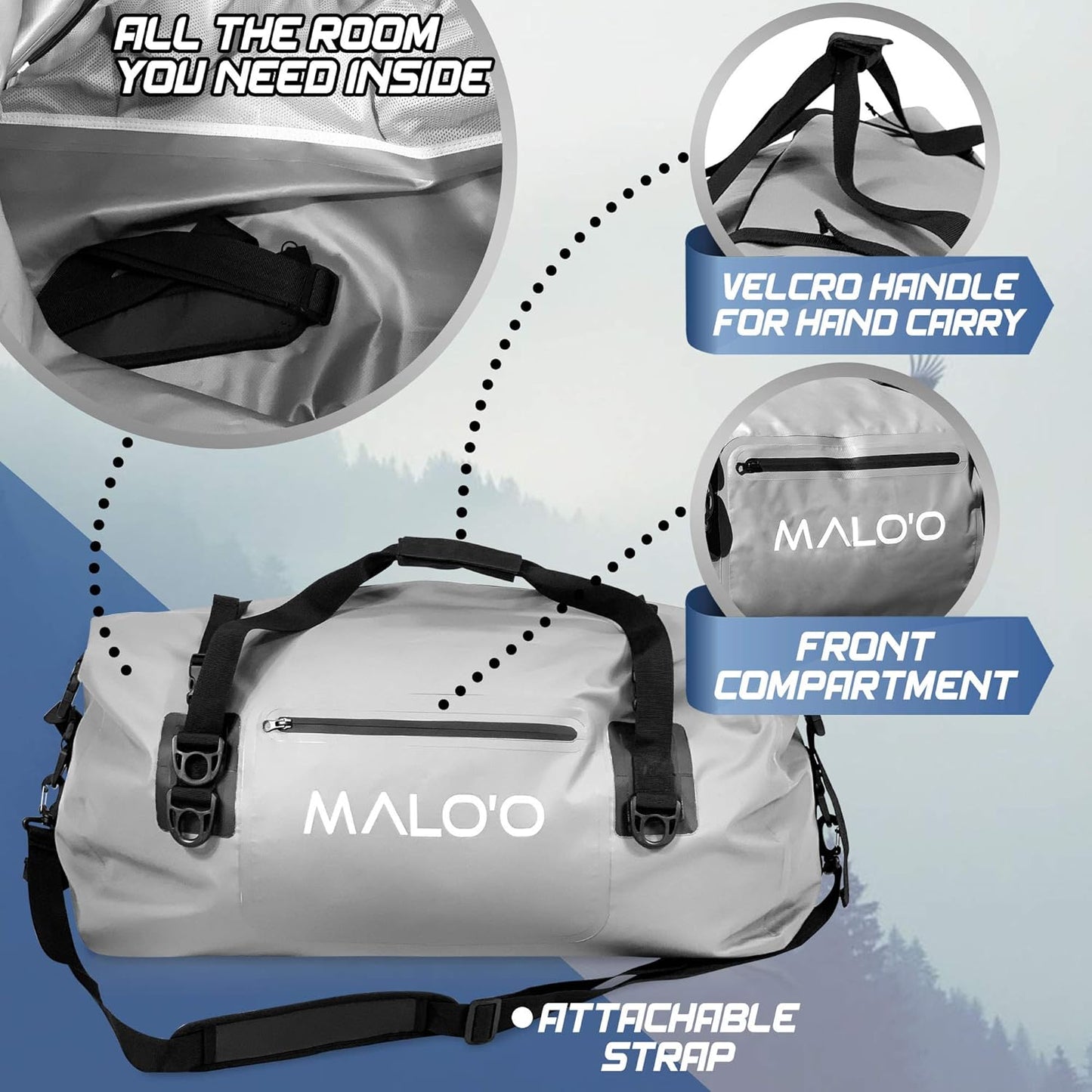 Malo’o Waterproof Dry Duffel, Heavy-Duty Roll Top Waterproof Gear Bag with Shoulder Strap & Molle Loops, Marine Duffel for Kayaking, Boating, Camping, Beach & Travel, Grey, 60L